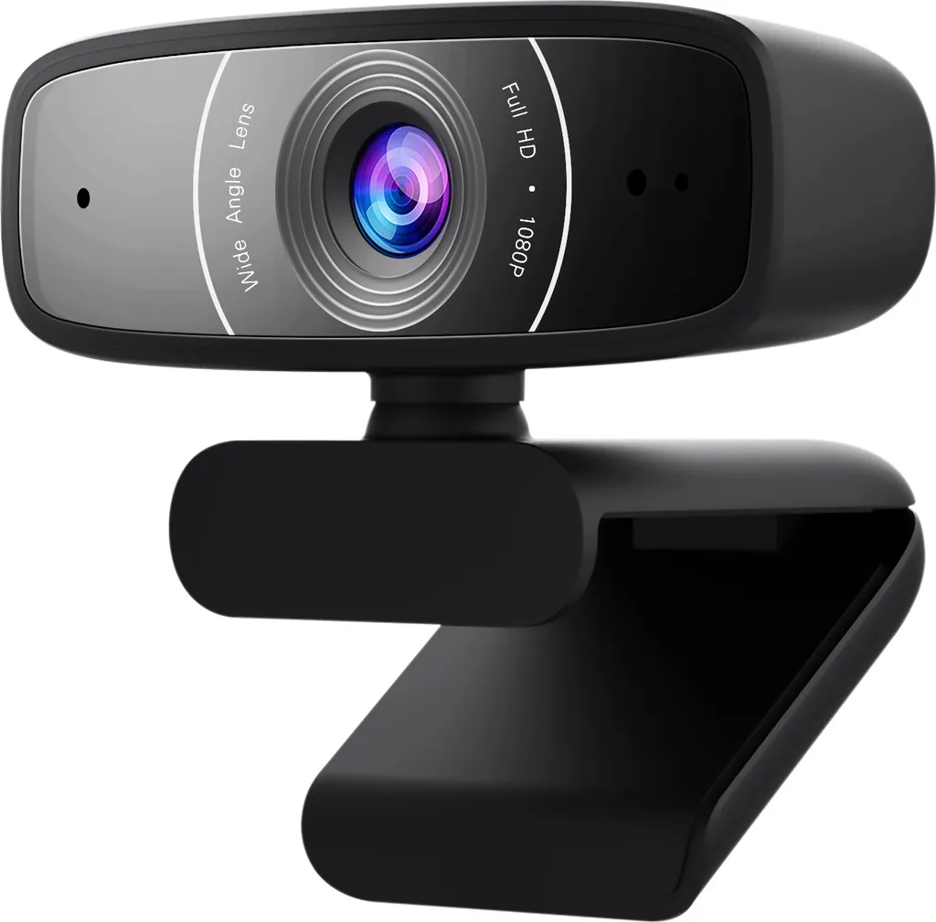 Schwarze Webcam mit Weitwinkelobjektiv, Full HD, 1080p. Montiert auf verstellbarem Ständer.