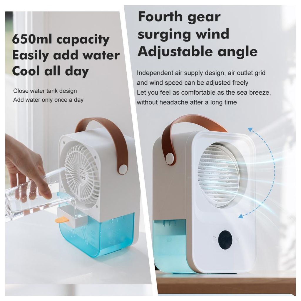 Ein tragbarer Ventilator mit Wassertank, der mit einer Flasche Wasser befüllt wird.
