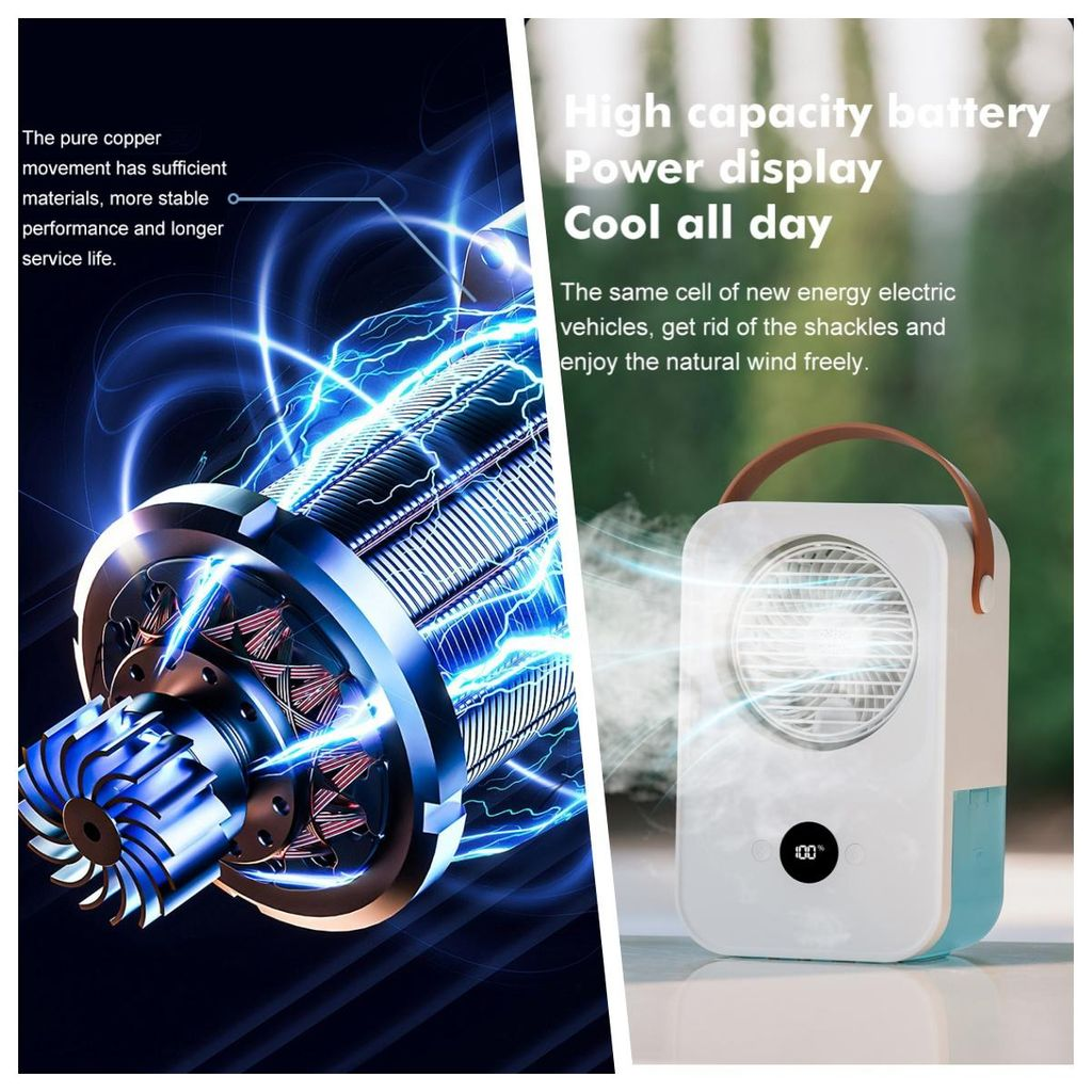 Eine elektrische Spule mit blauen Blitzen und ein tragbarer Lüfter mit digitaler Anzeige