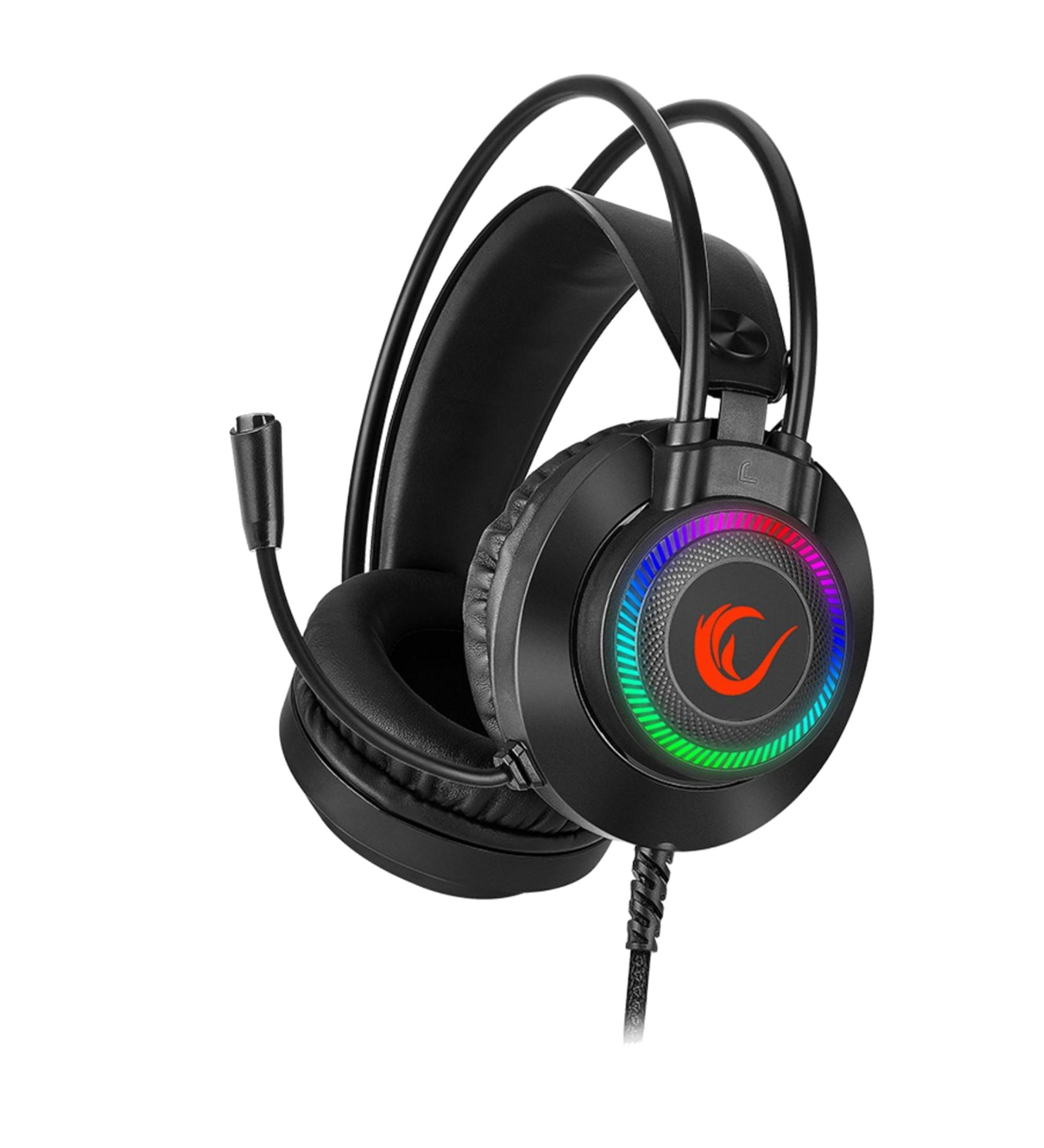 Cuffie da gaming nere con microfono e illuminazione RGB.