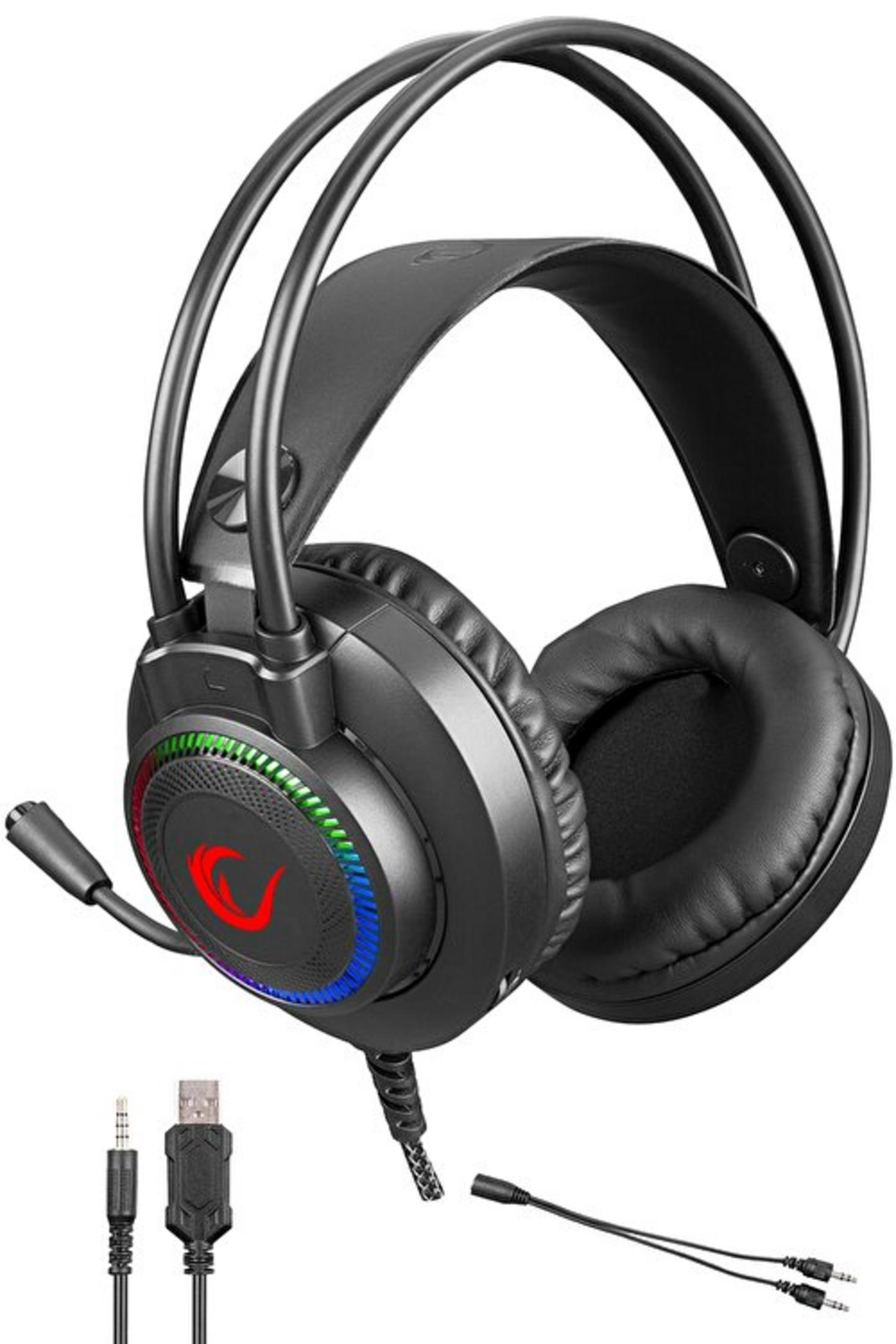 Cuffie da gaming nere con microfono e illuminazione LED colorata.