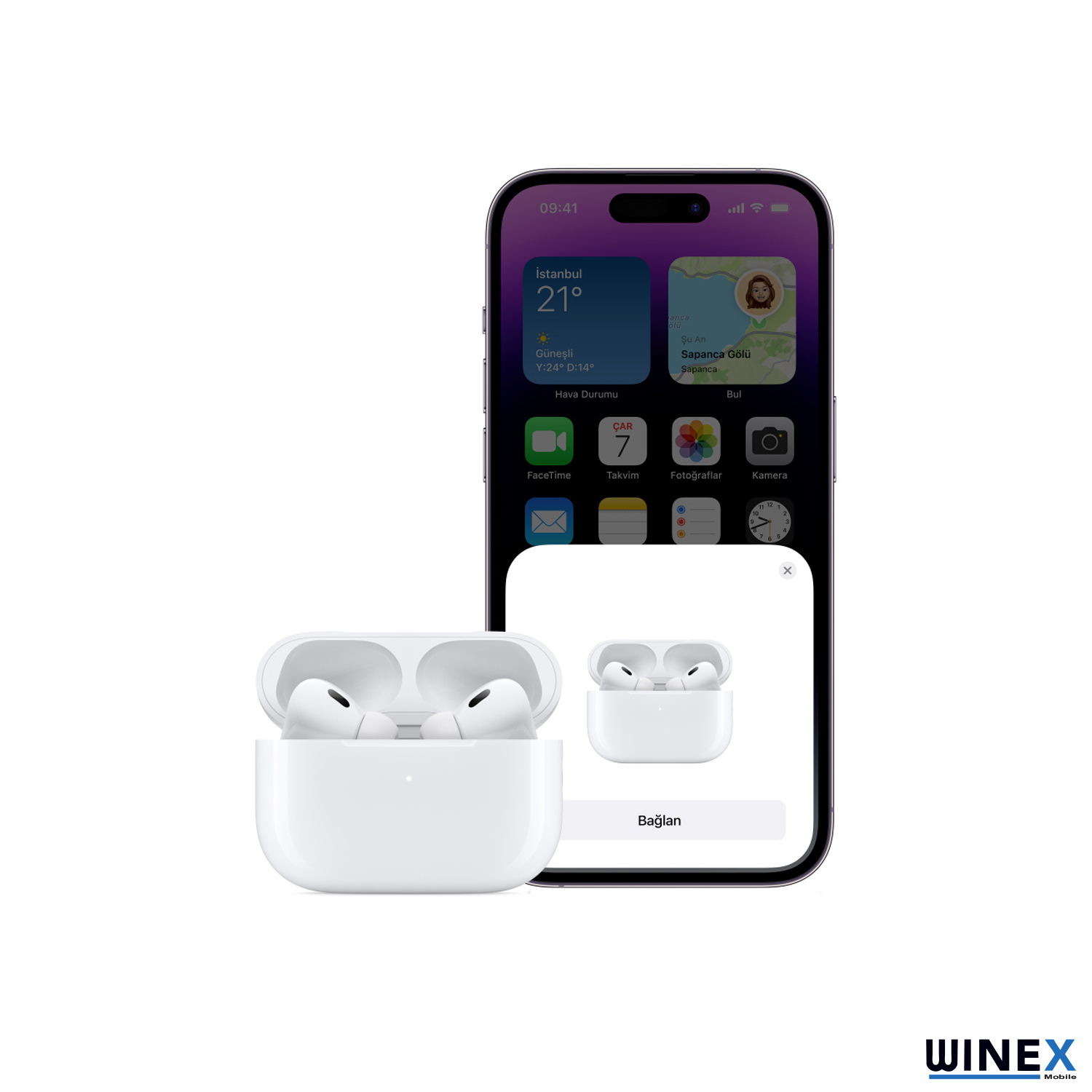 Bir iPhone, şarj kutusundaki AirPods'leri ve ekrandaki bir bağlantı istemini gösterir.