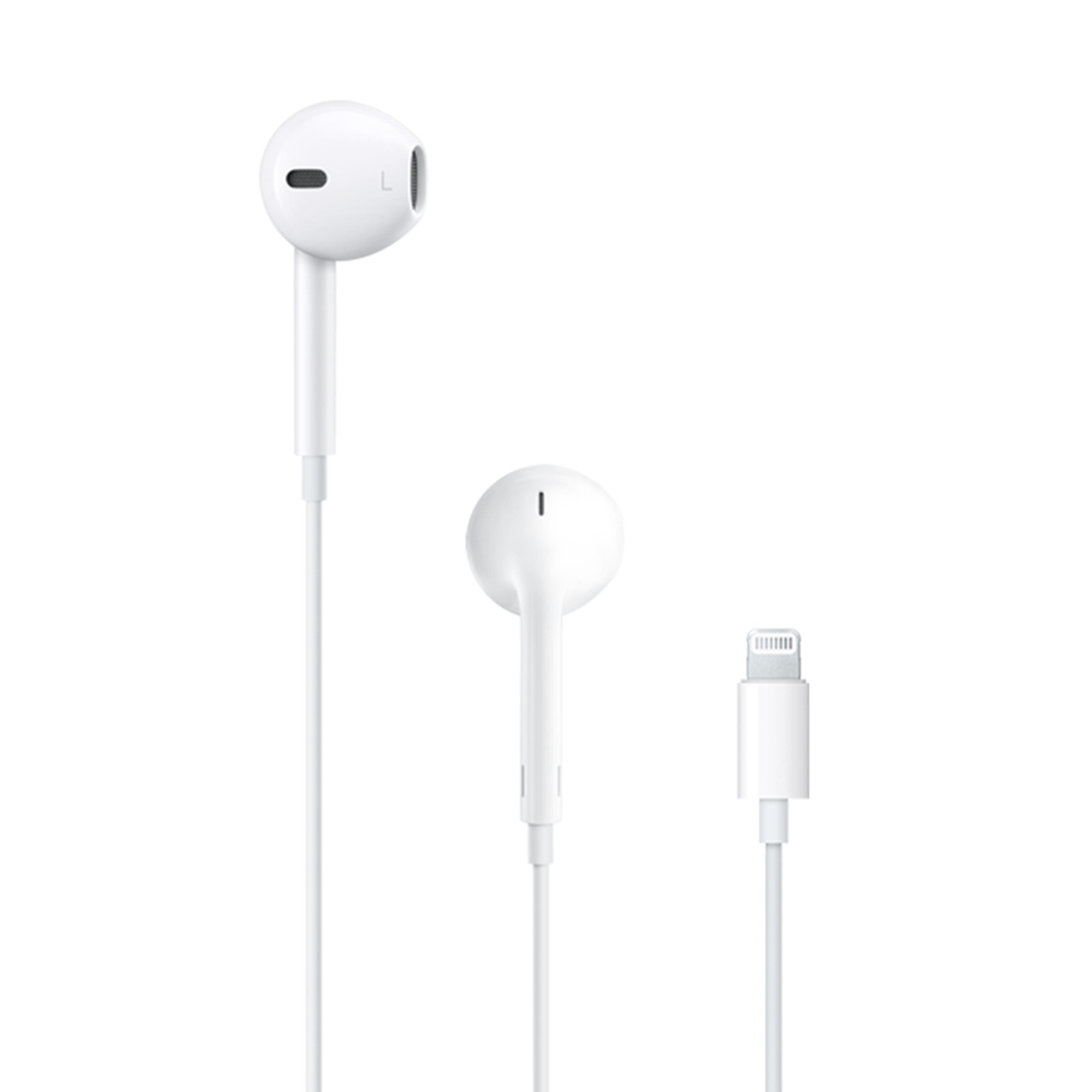 Beyaz Apple kulaklıklar, beyaz arka planda Lightning konektörlü.