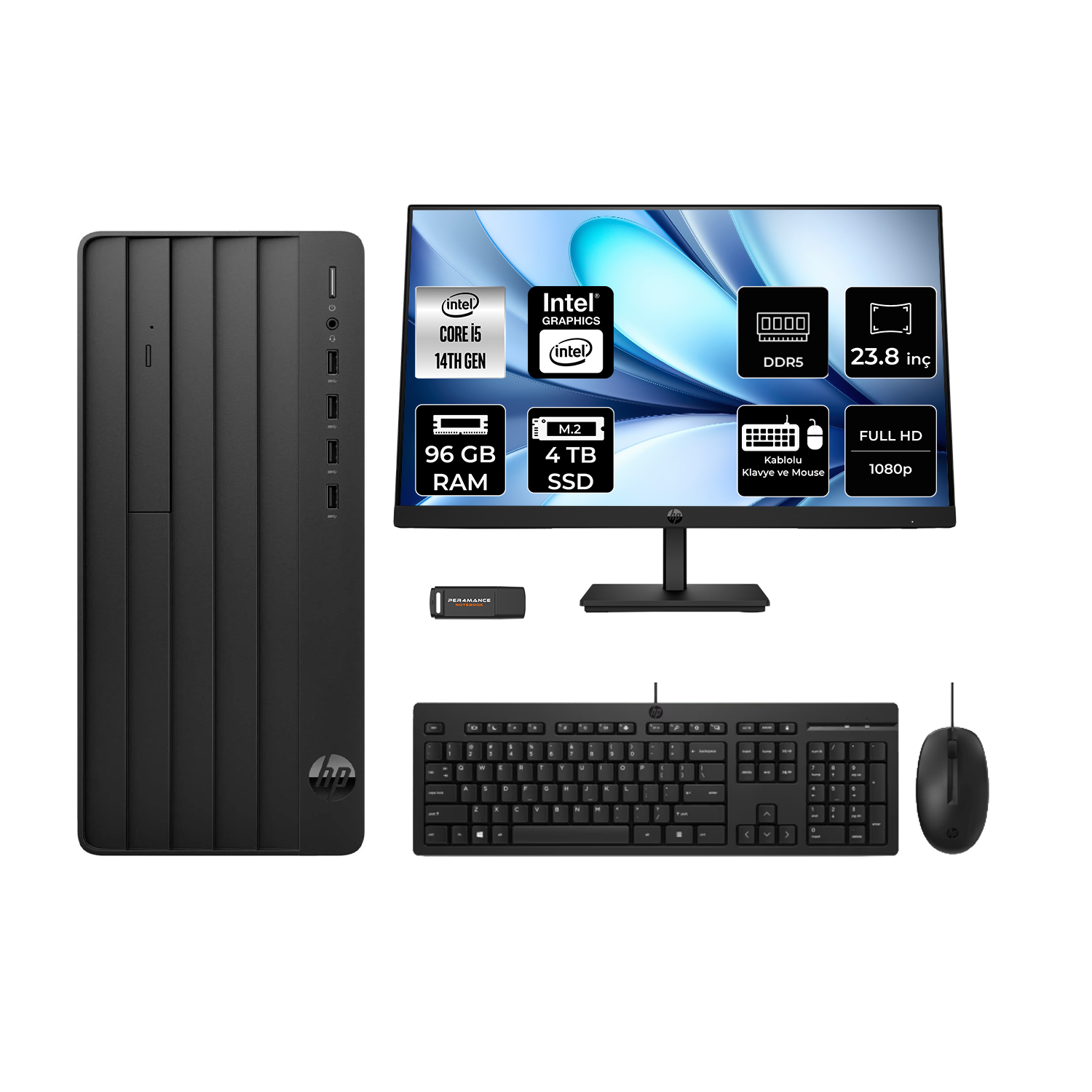 HP ProDesk 2 23.8" B70VQATPN620 PER4 Bellek Intel Core i5-14400 96 GB RAM 4 TB SSD FreeDOS Masaüstü Bilgisayar