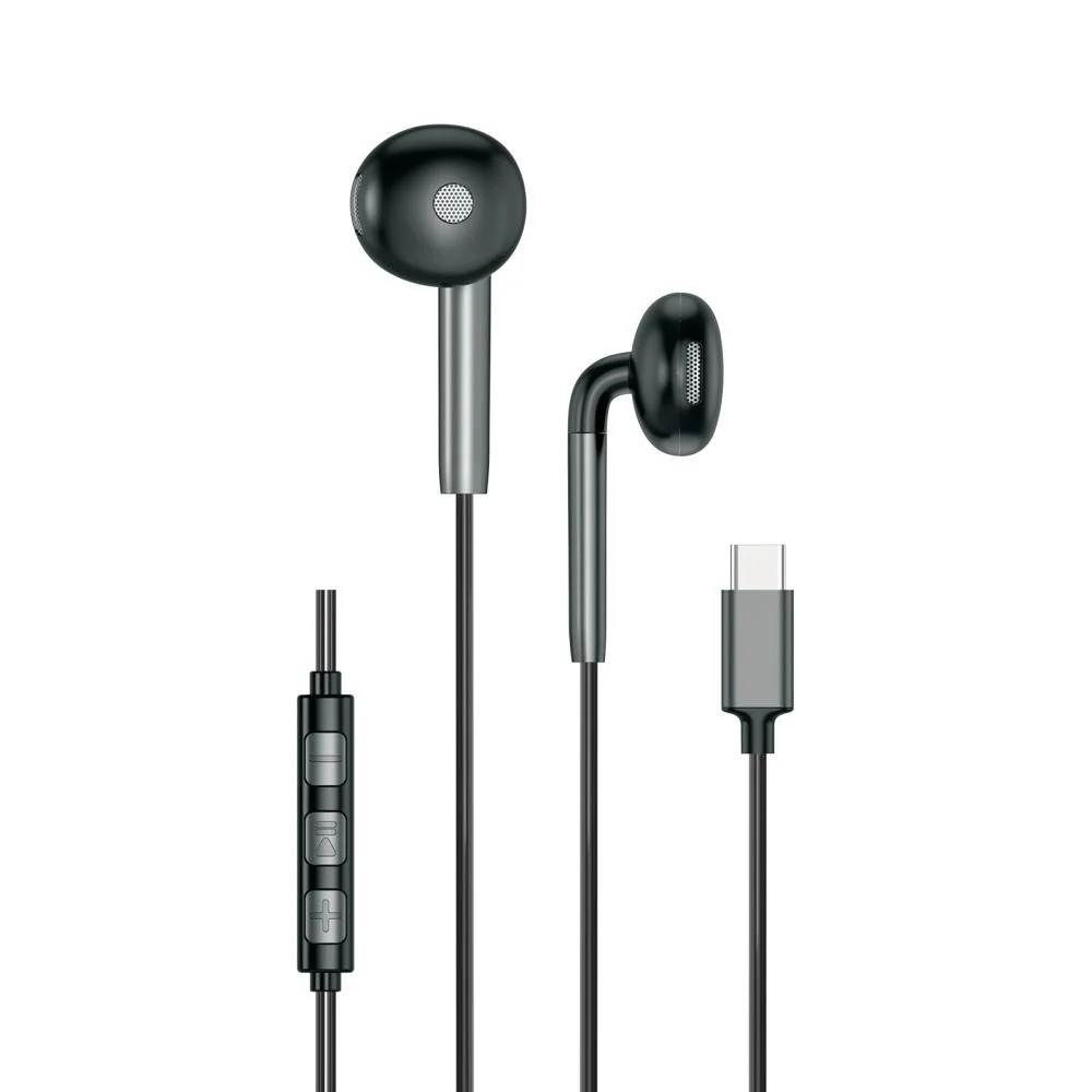 USB-C konektörlü ve ses kontrolü gri kulak içi kulaklık.