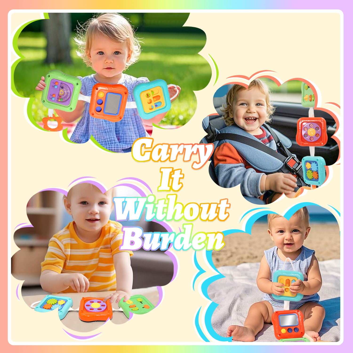 Vier Babys interagieren mit bunten Spielzeugen im Freien, im Auto und am Strand.