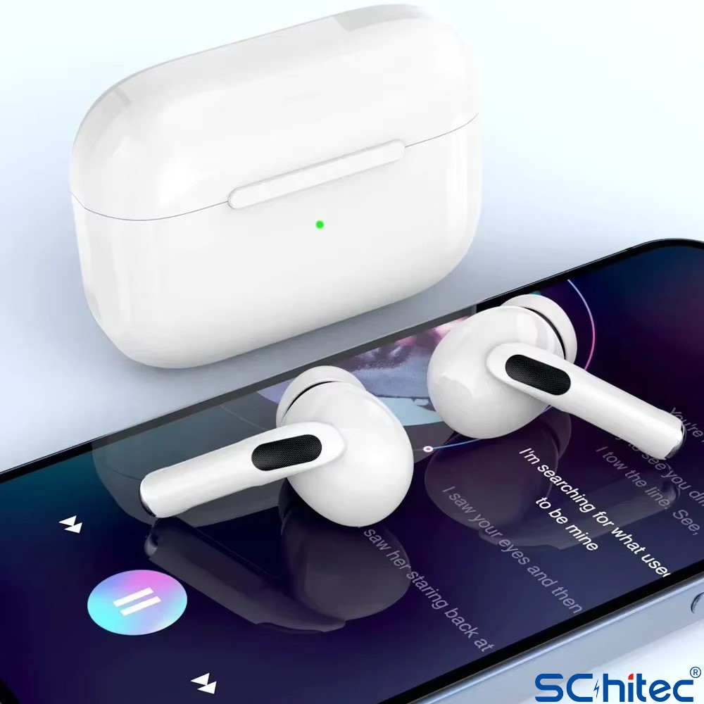 Müzik uygulaması gösteren akıllı telefonda şarj kutulu beyaz kablosuz kulaklıklar.