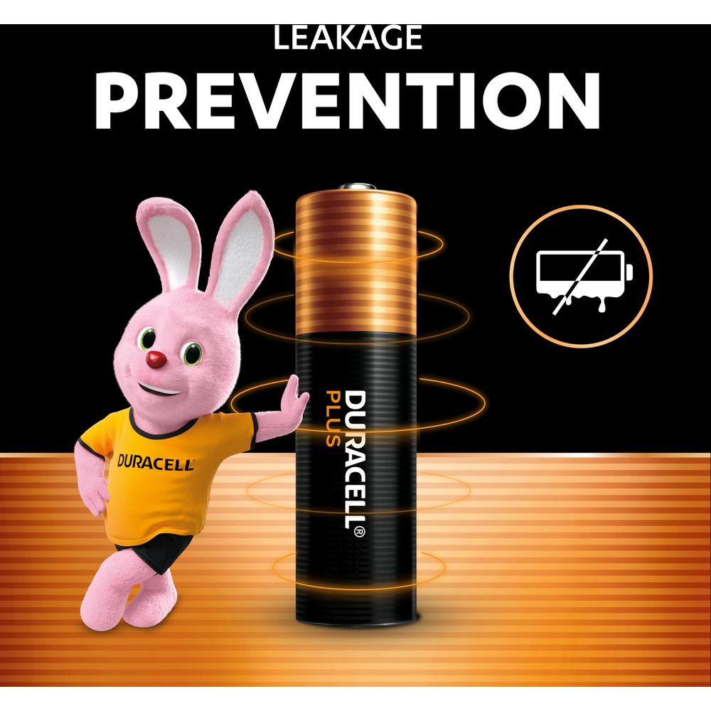 A Duracell bunny in a t-shirt stands next to a Duracell battery. Leakage Prevention.