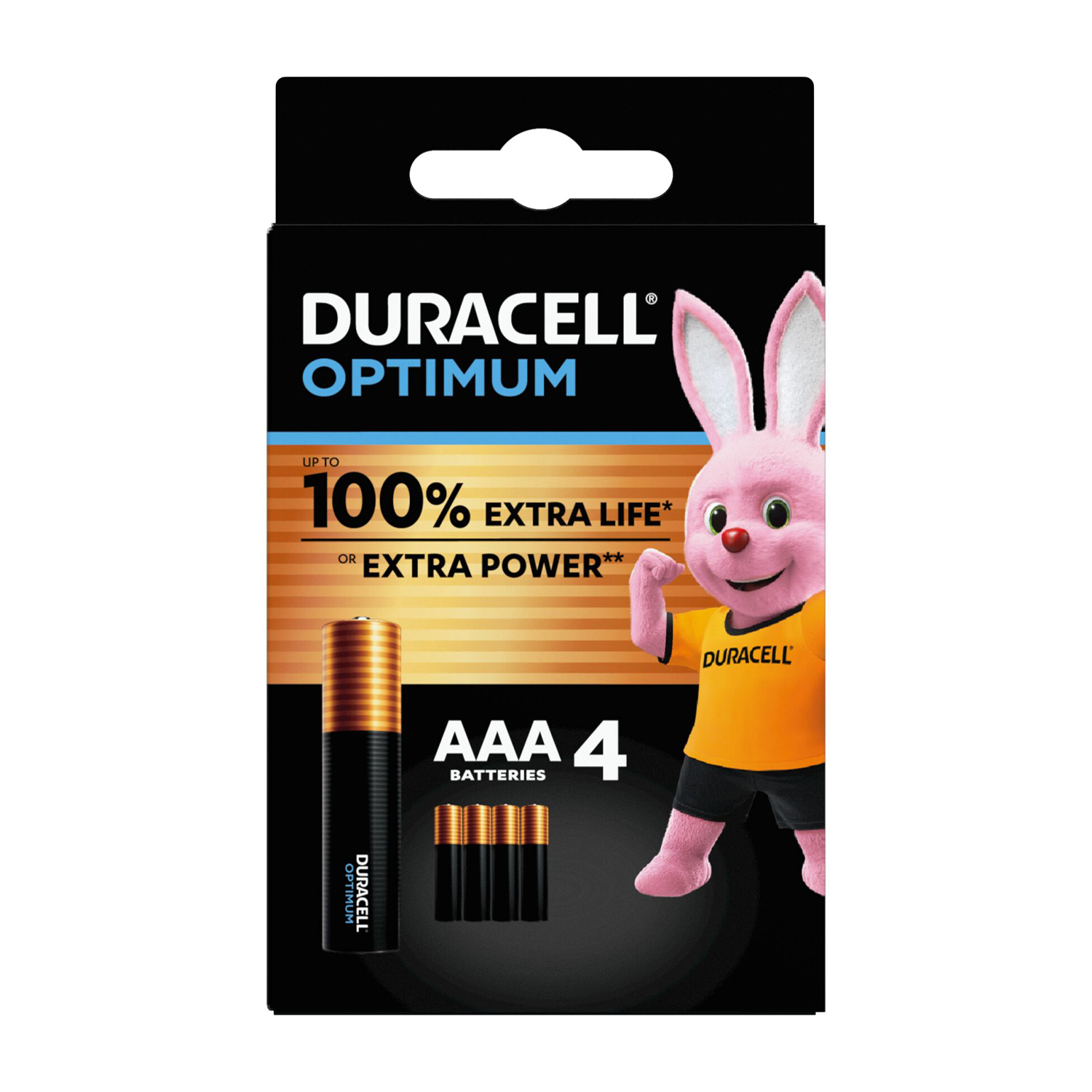 Duracell Optimum AAA batteries with a pink bunny mascot, advertising 100% extra life.