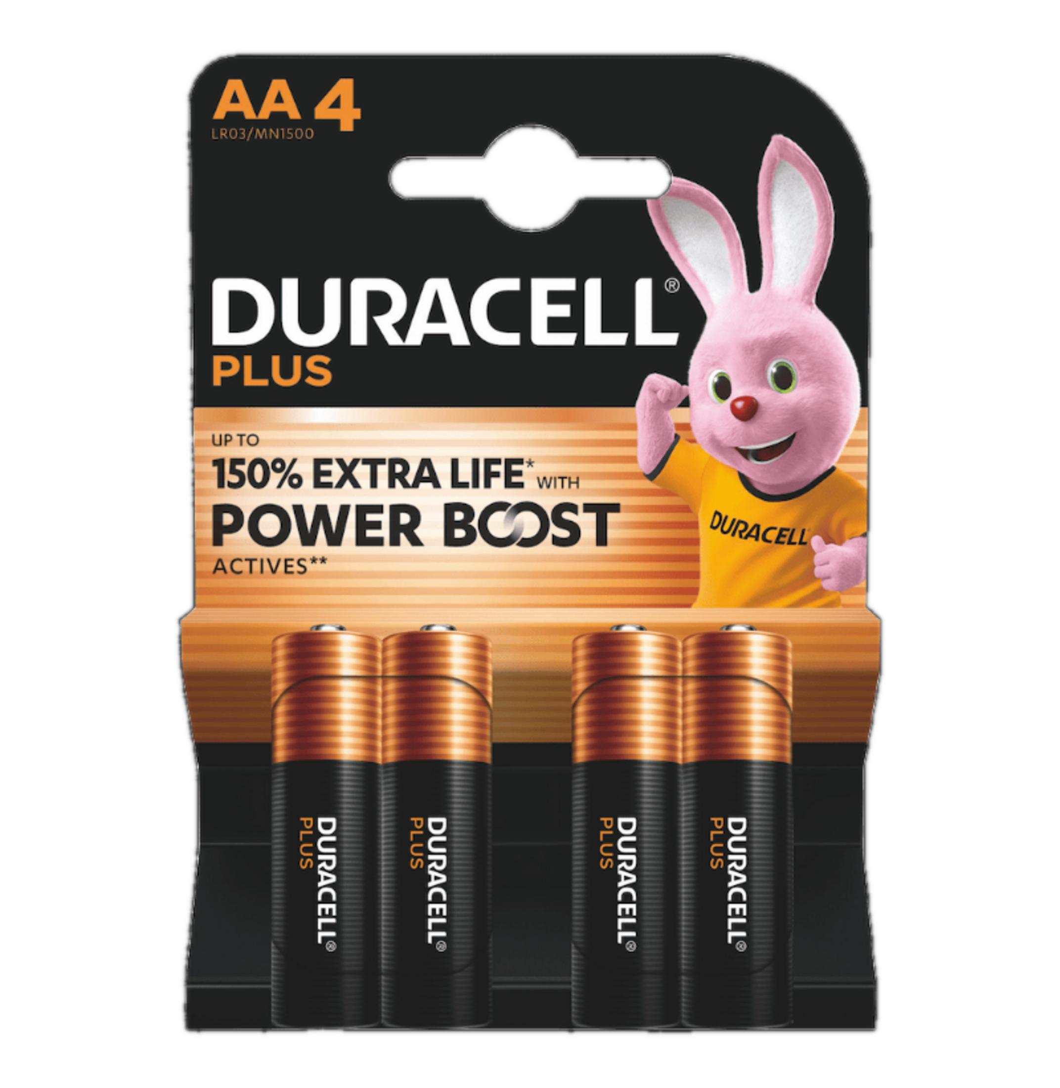 Piles Duracell AA avec lapin rose. Quatre piles sont visibles.