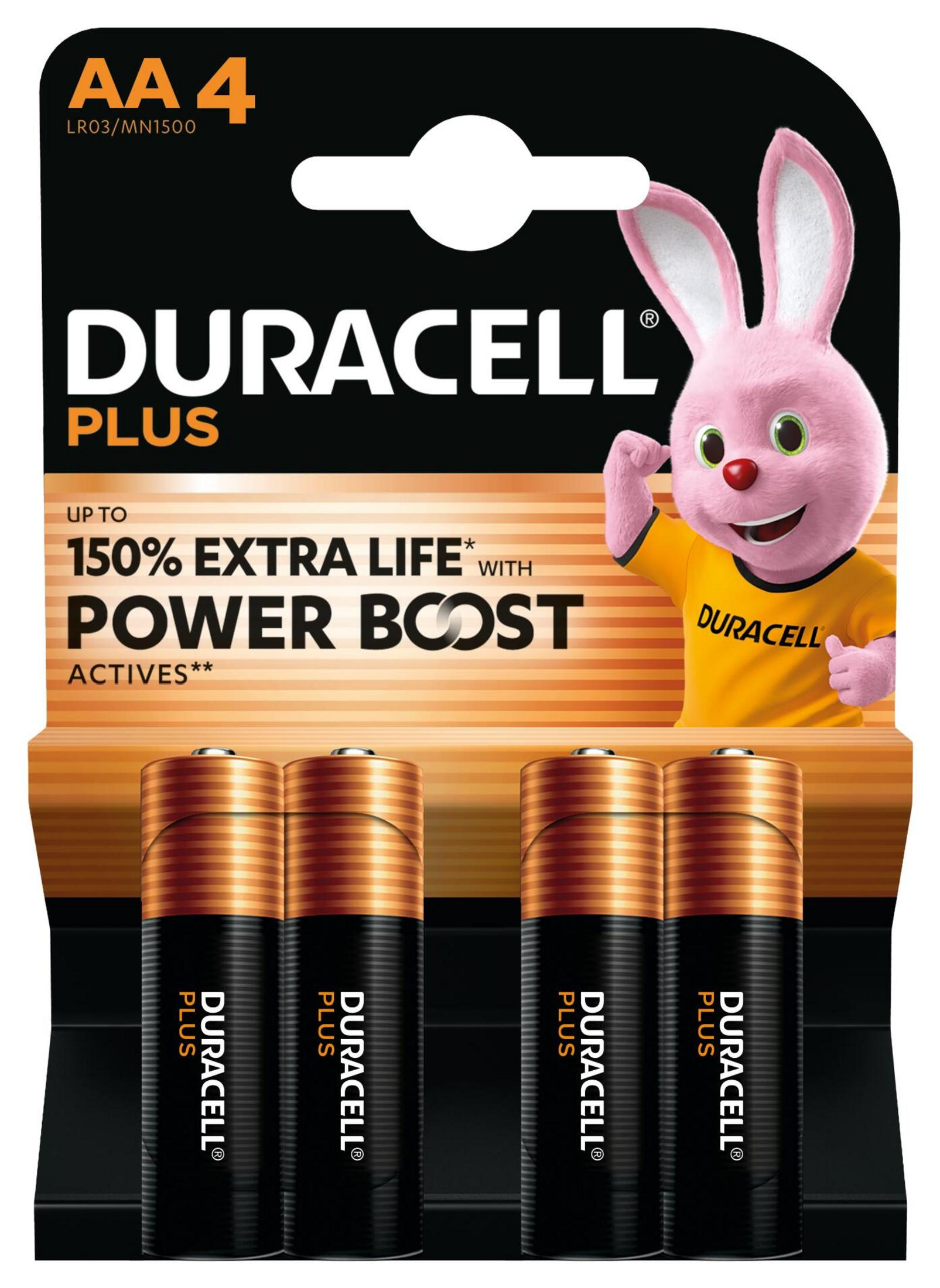 Emballage avec quatre piles AA Duracell Plus et un lapin rose.