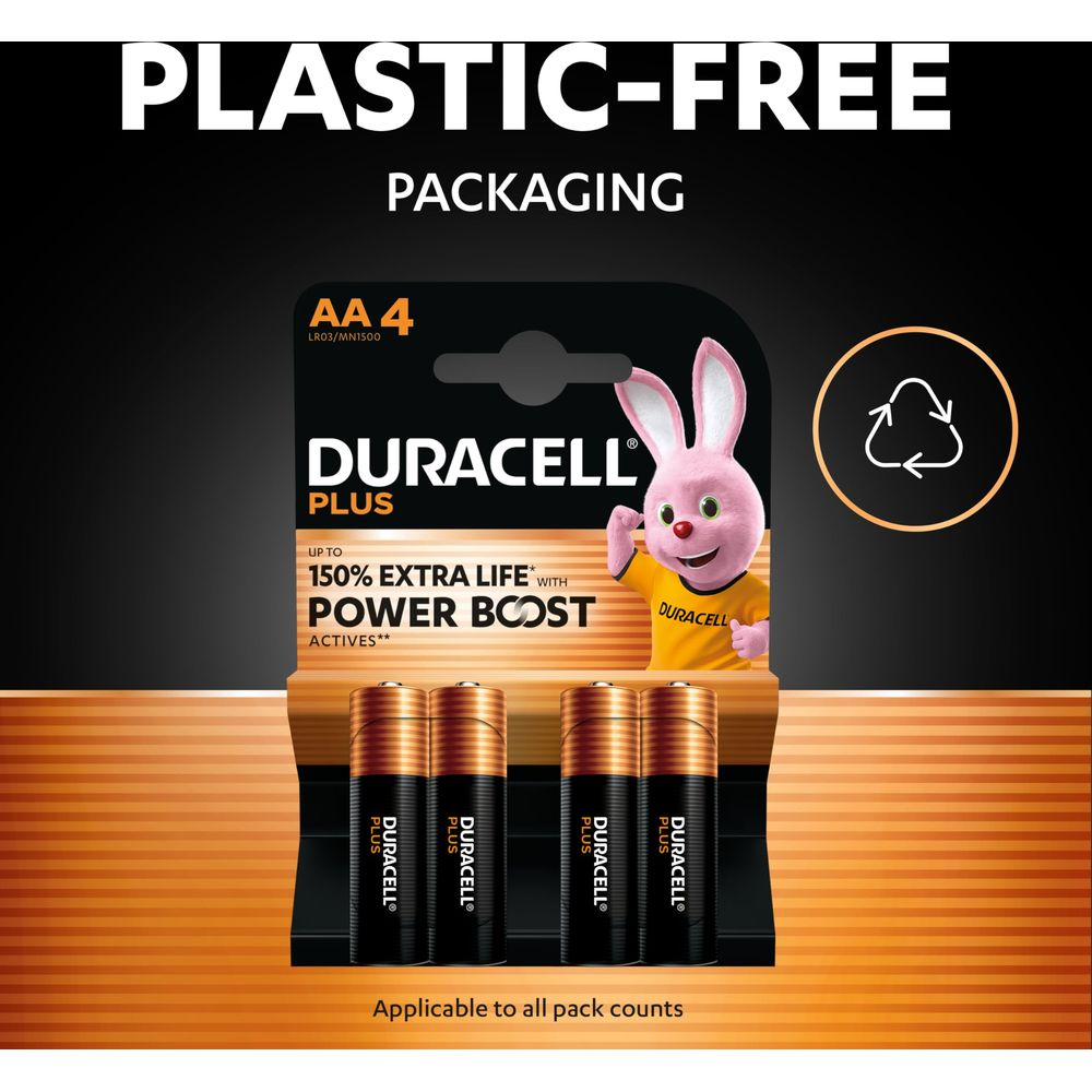 Piles Duracell AA avec mascotte lapin rose et texte "Plastic-Free Packaging".