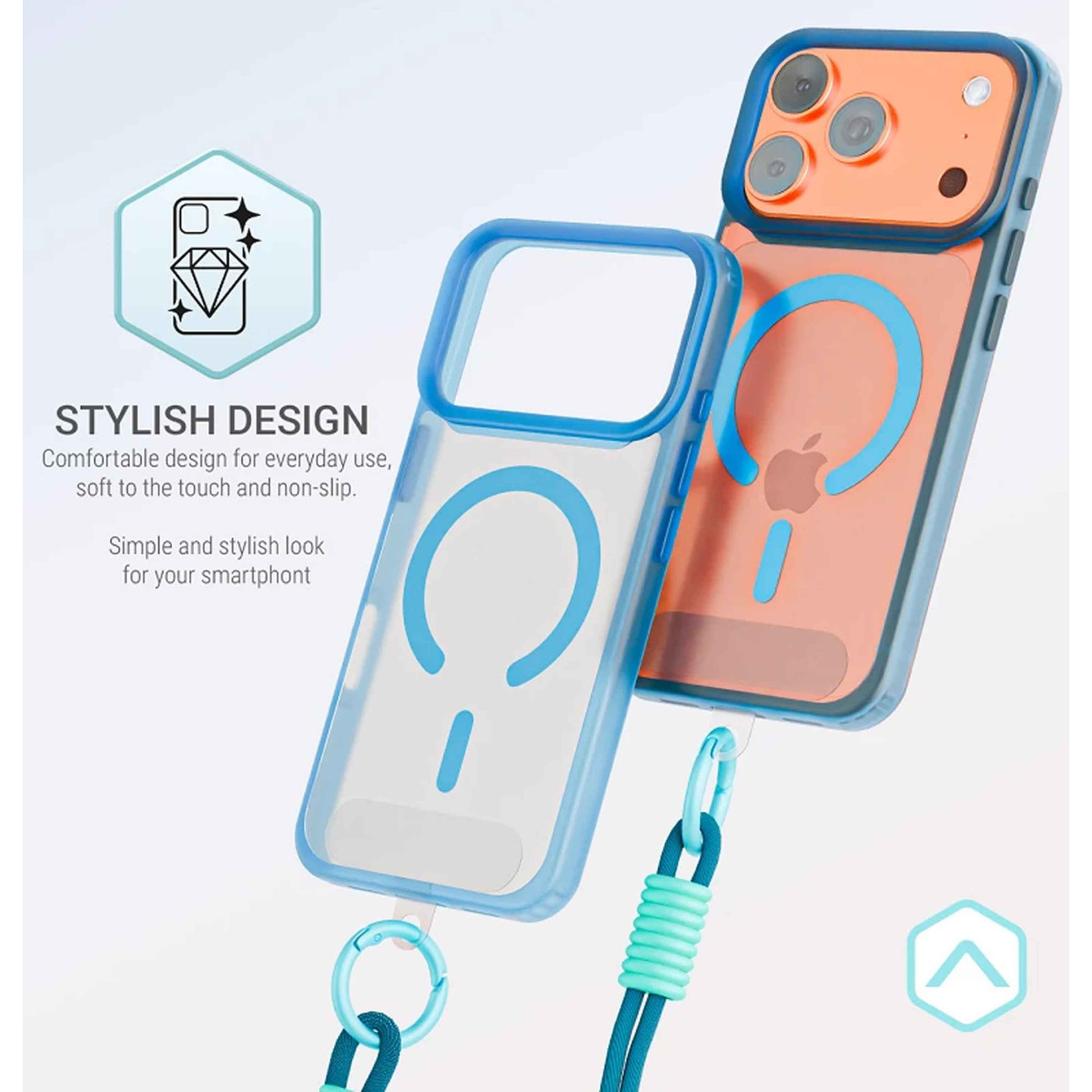Una funda de teléfono azul claro con anillo magnético junto a un teléfono naranja.