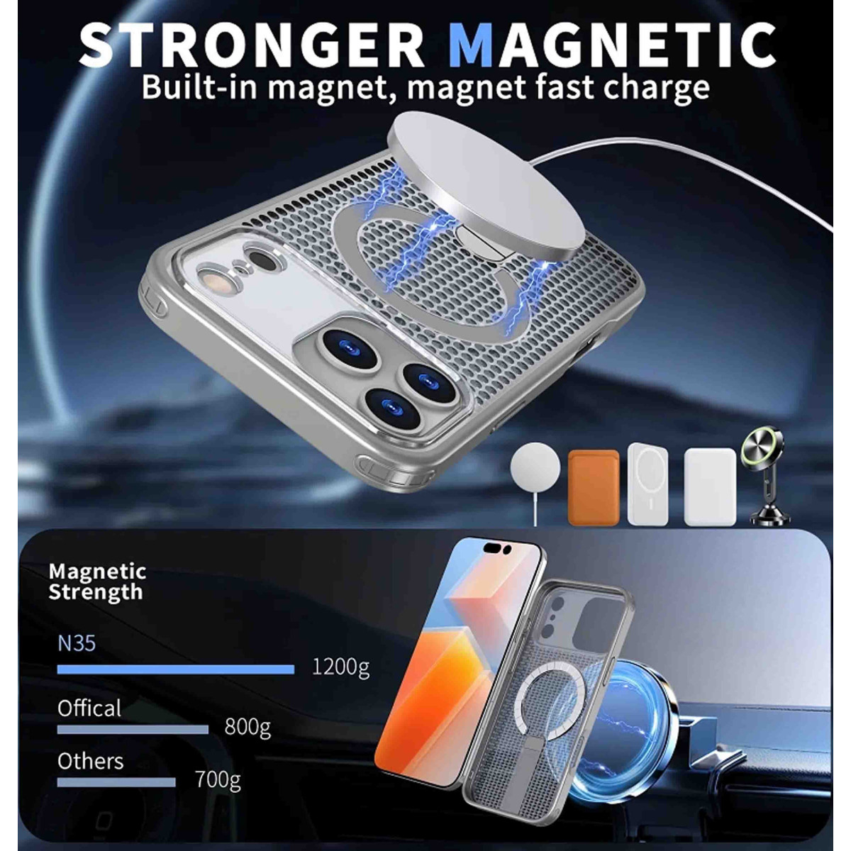 Funda magnética fuerte para teléfono con demostración de cargador y comparación de fuerza.