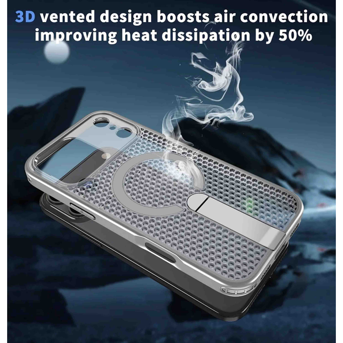 Funda de teléfono gris con patrón ventilado y anillo magnético. Humo ascendiendo.