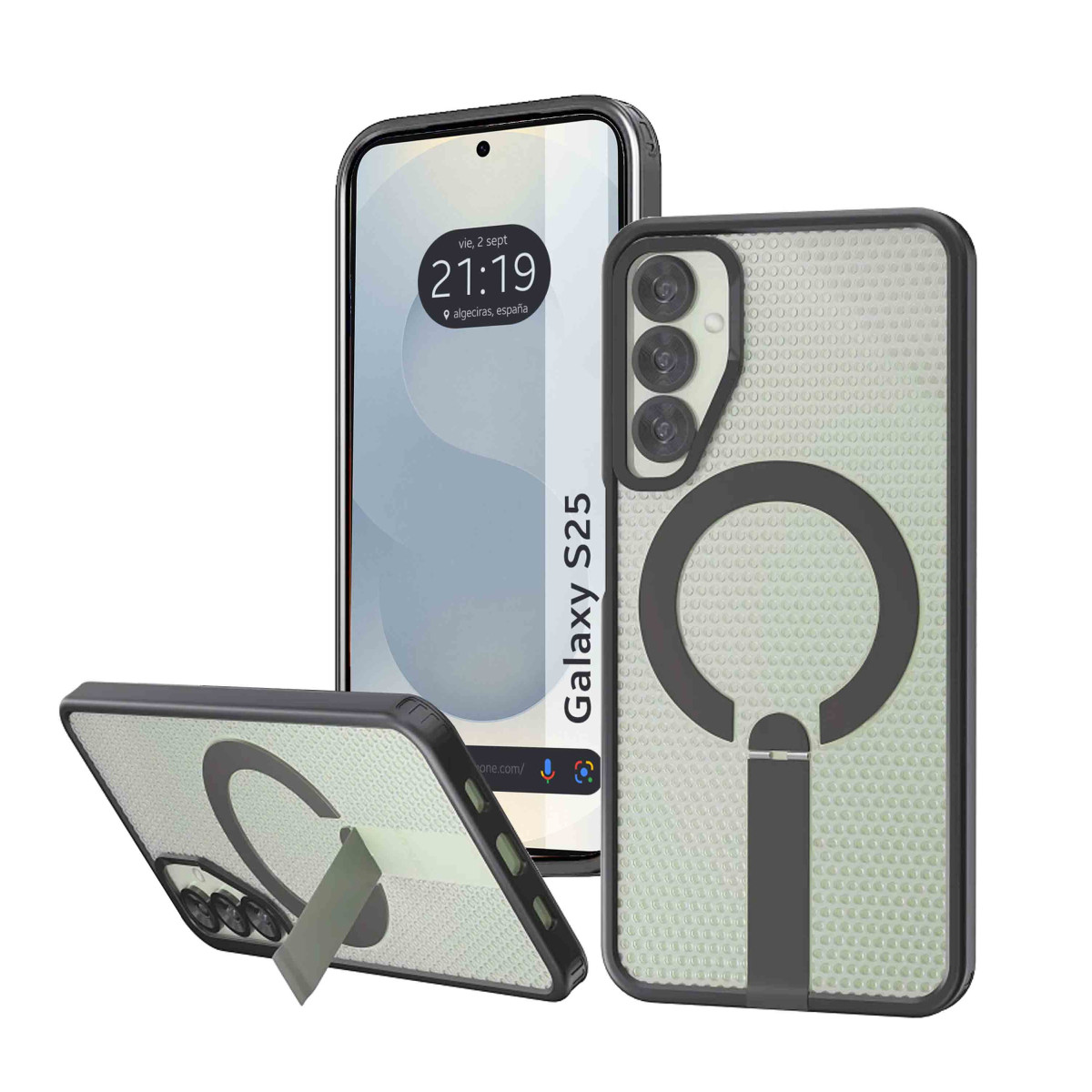 Un teléfono inteligente con funda, apoyado en una mesa.