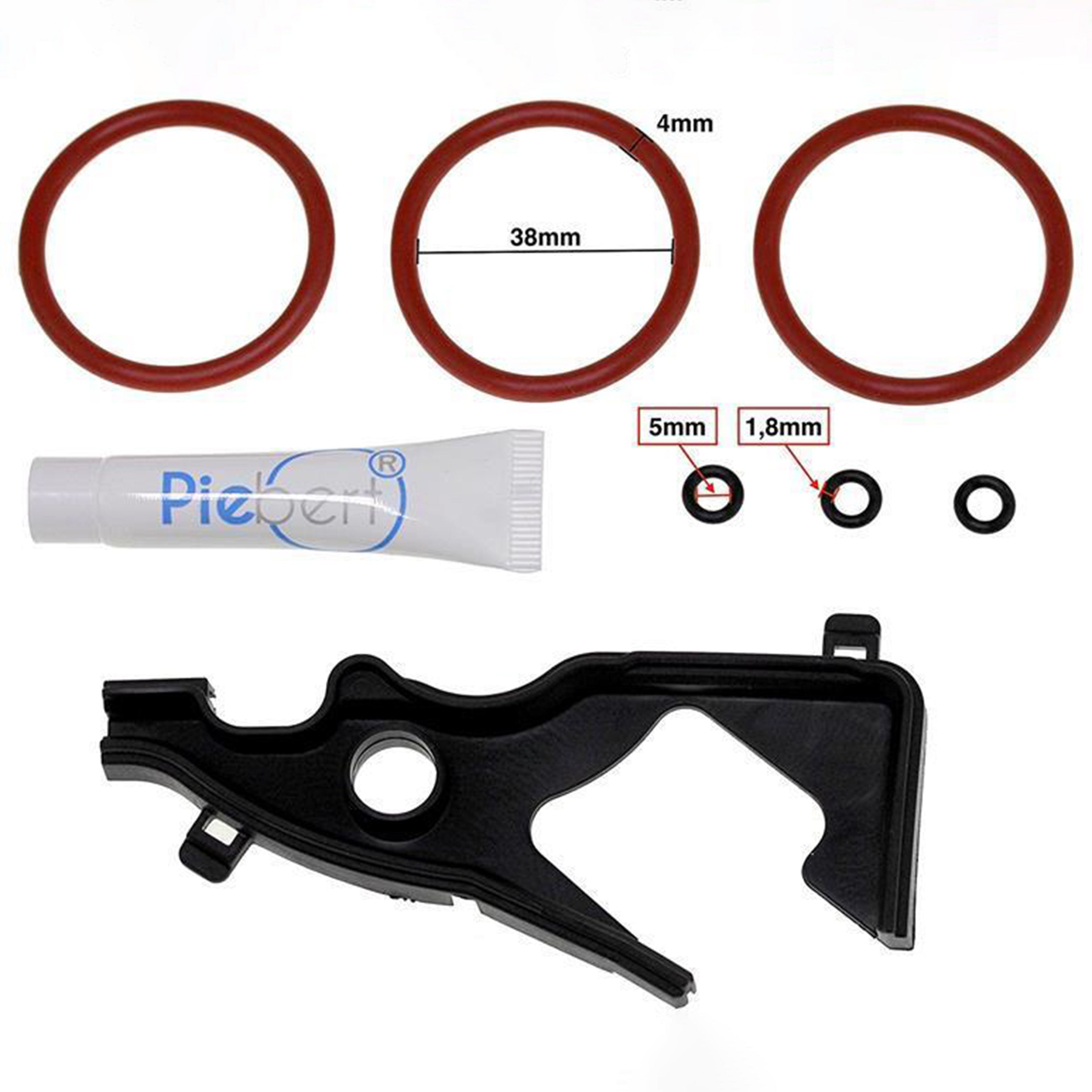 Drei rote O-Ringe, eine Tube Gleitmittel und ein schwarzer Kunststoffhalter.