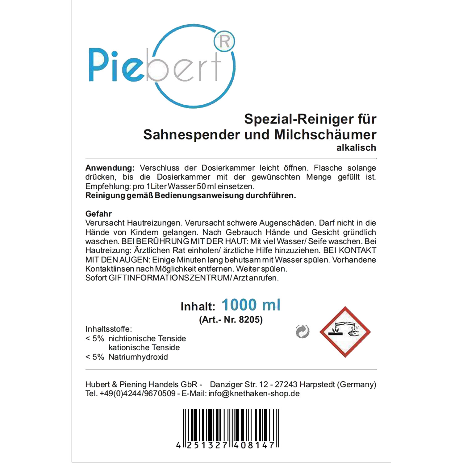 Spezialreiniger von Piebert für Sahnespender, 1000 ml Flasche mit Gefahrensymbolen.
