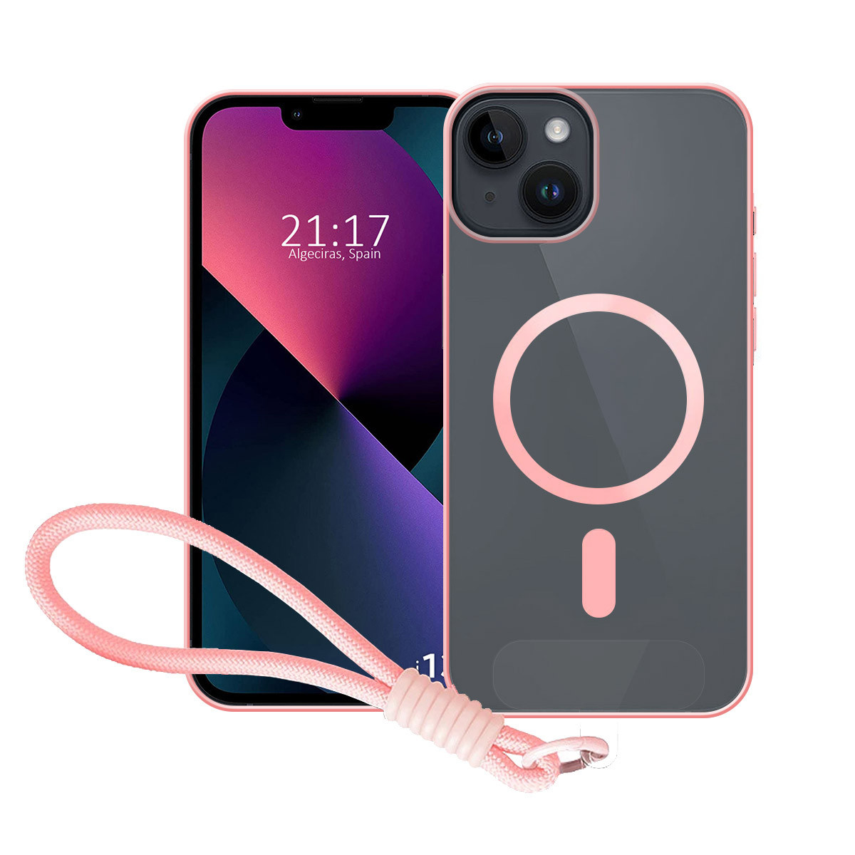 Una funda transparente para teléfono con borde rosa, anillo MagSafe y cordón.