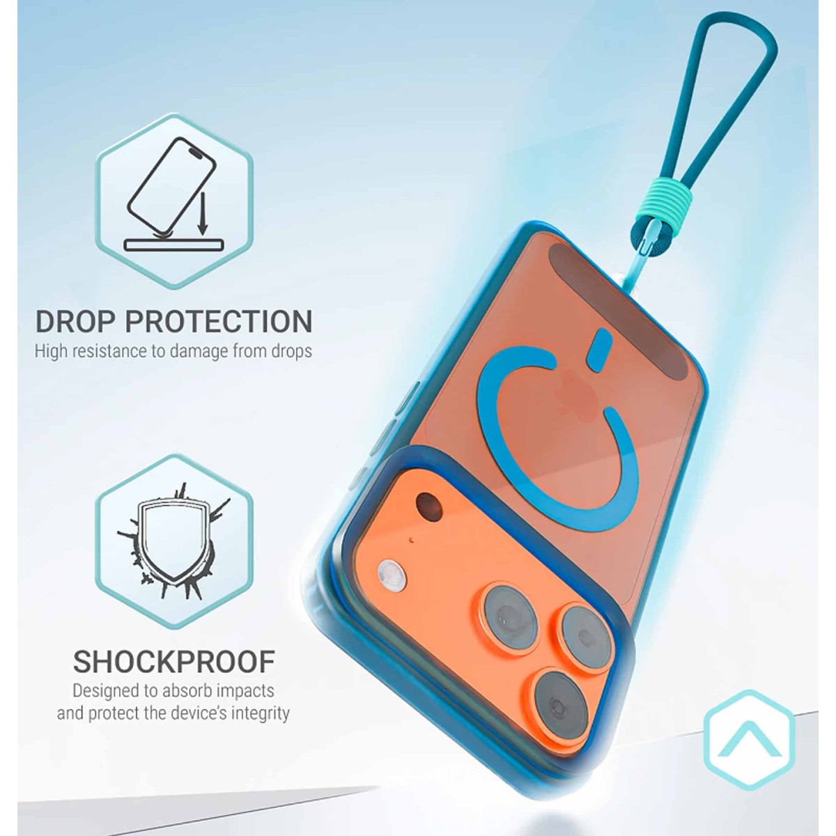 Teléfono naranja con funda azul y cordón. Protección contra caídas y golpes.