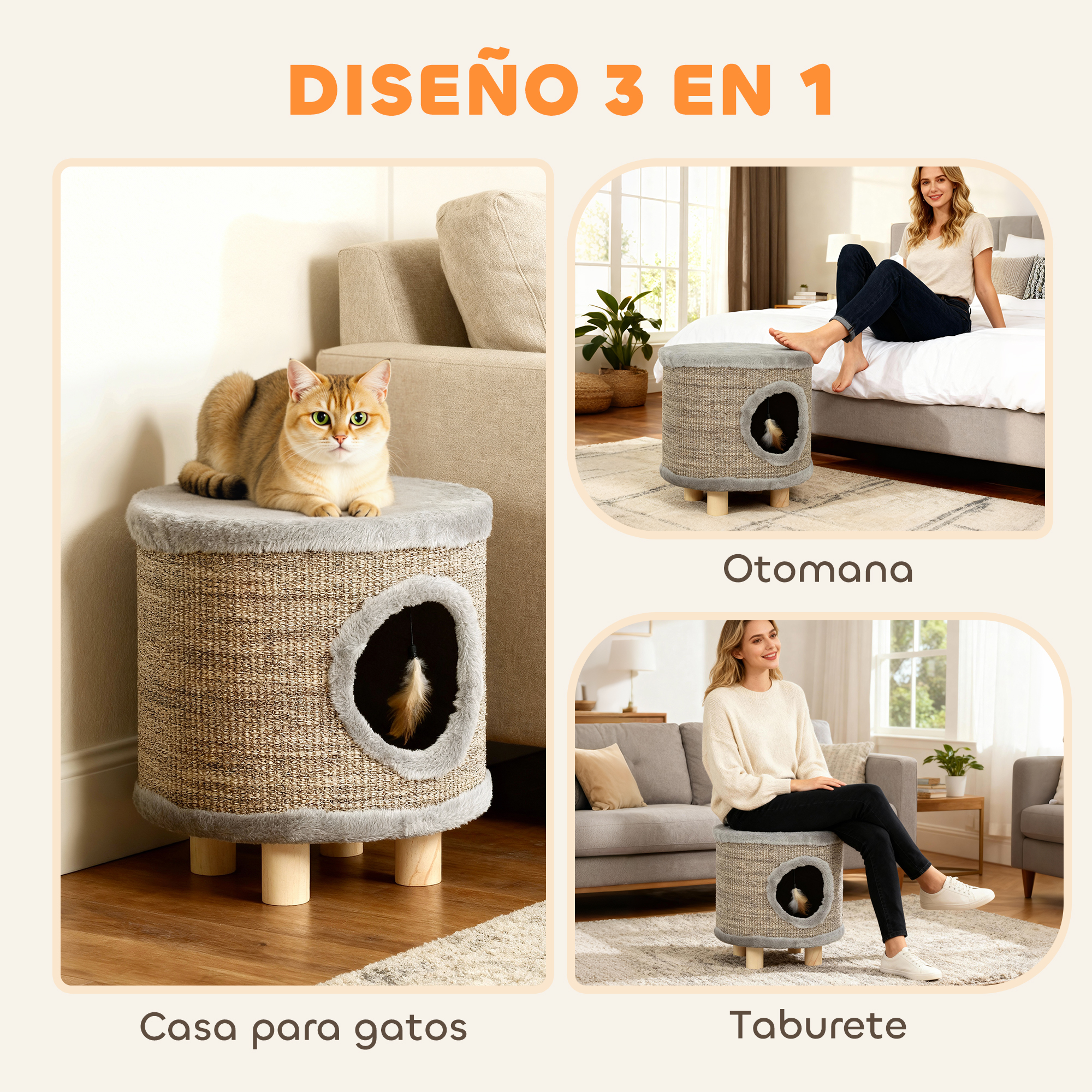 Una torre para gatos con un gatito y dos mujeres usándola como taburete.