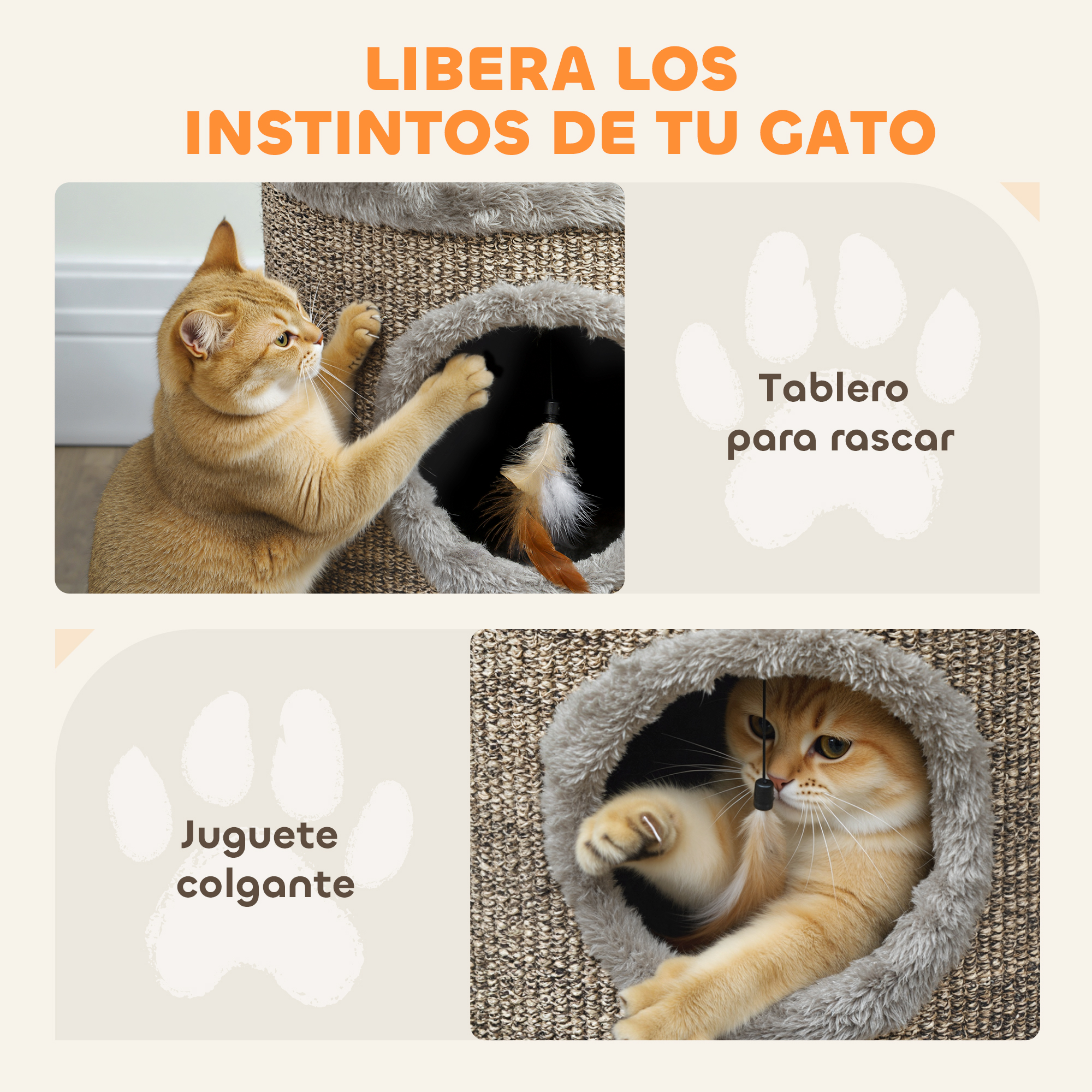 Un gato juega con un juguete de plumas en un poste rascador.