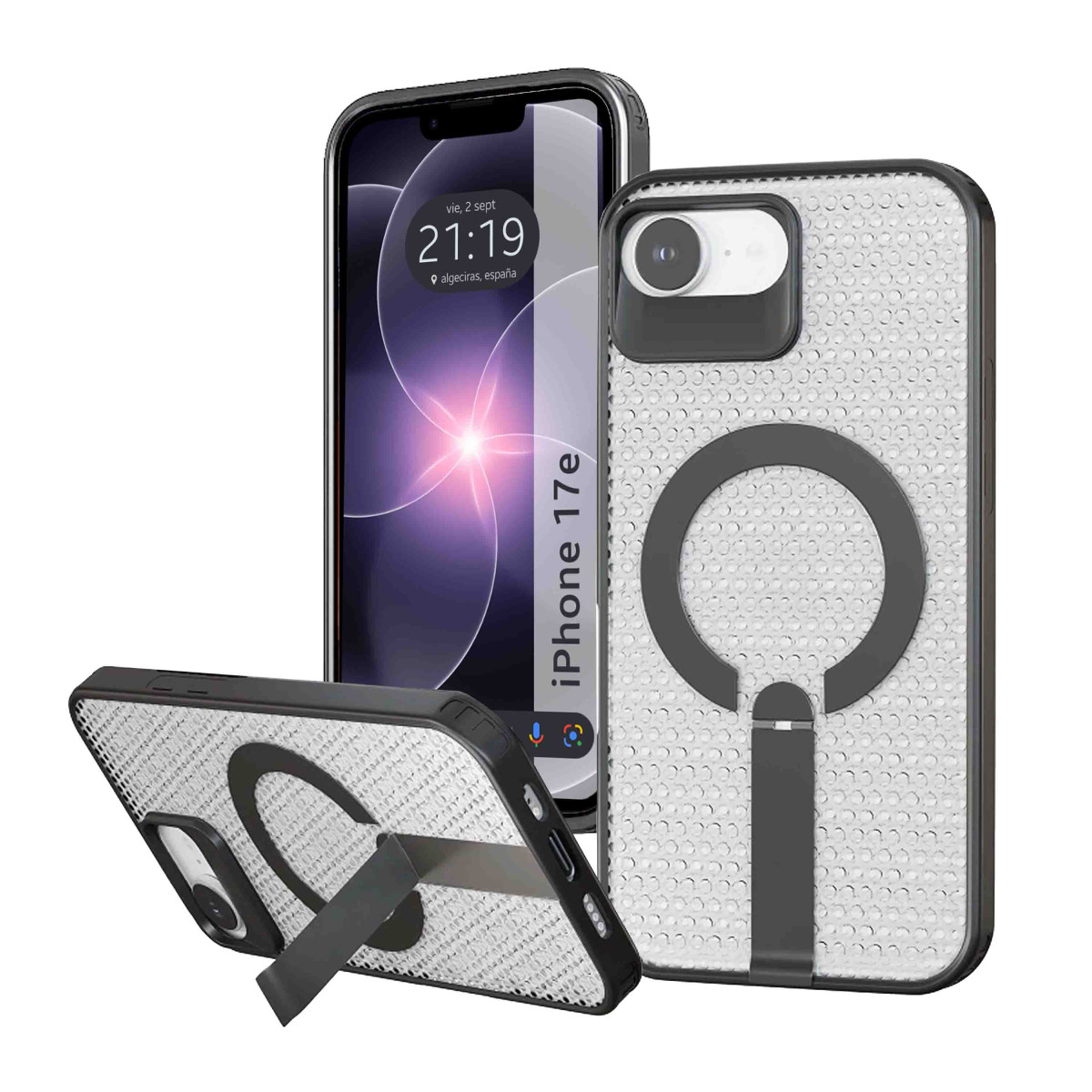 Una funda blanca para iPhone con anillo y soporte.