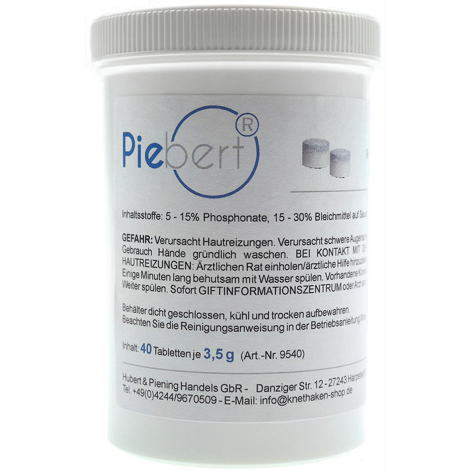 Eine weiße Dose mit blauem Etikett von Piebert, enthält 40 Tabletten.