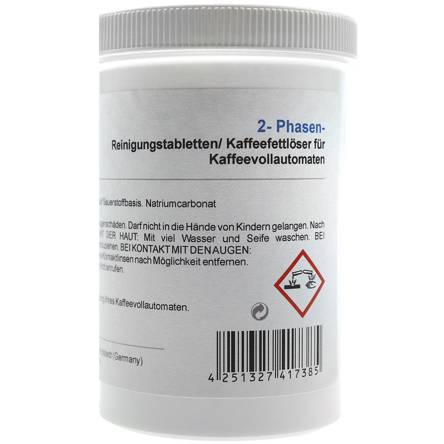 Weiße Flasche mit deutschem Text für 2-Phasen-Reinigungstabletten für Kaffeevollautomaten. Barcode sichtbar.