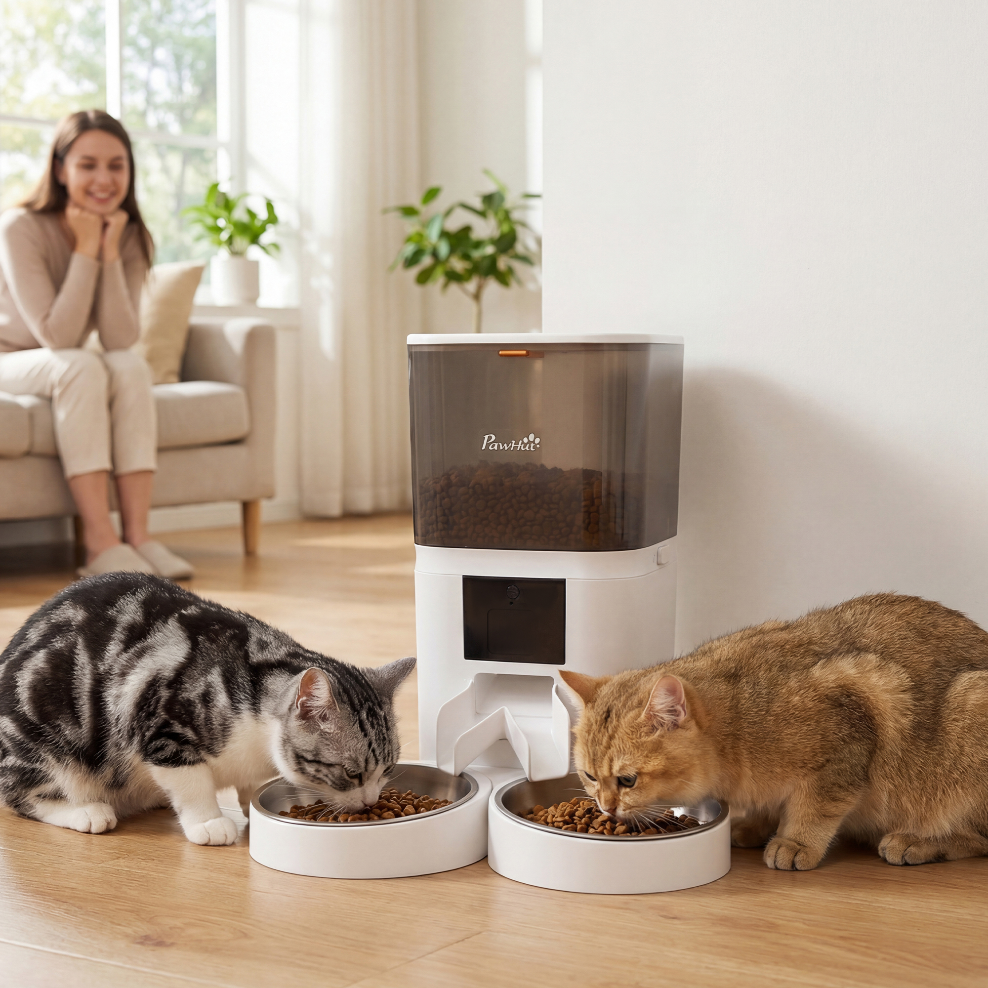 Dos gatos comen de comederos junto a un dispensador automático de comida.