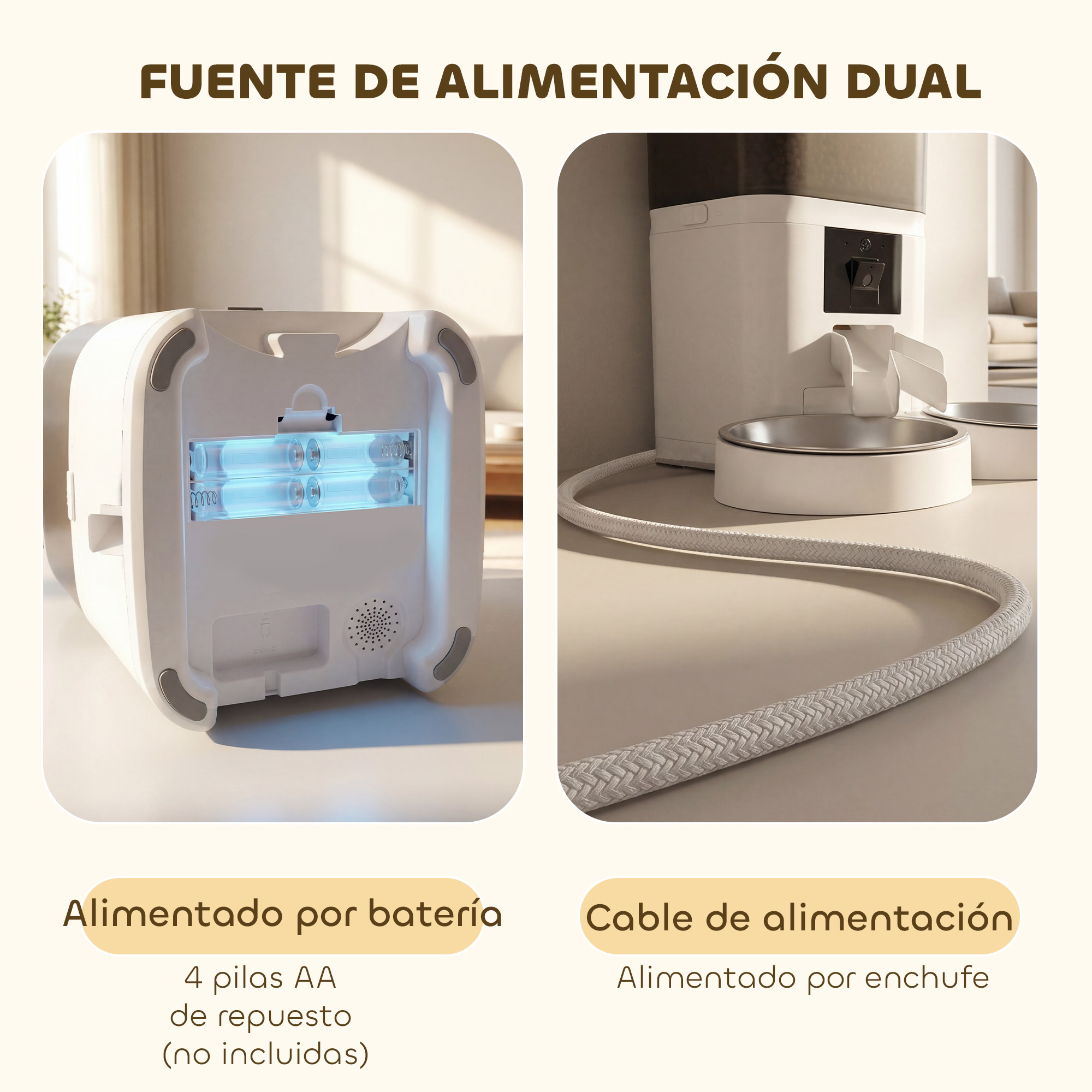 Dispensador de comida de doble potencia: Izquierda muestra compartimento de batería, derecha enchufe.