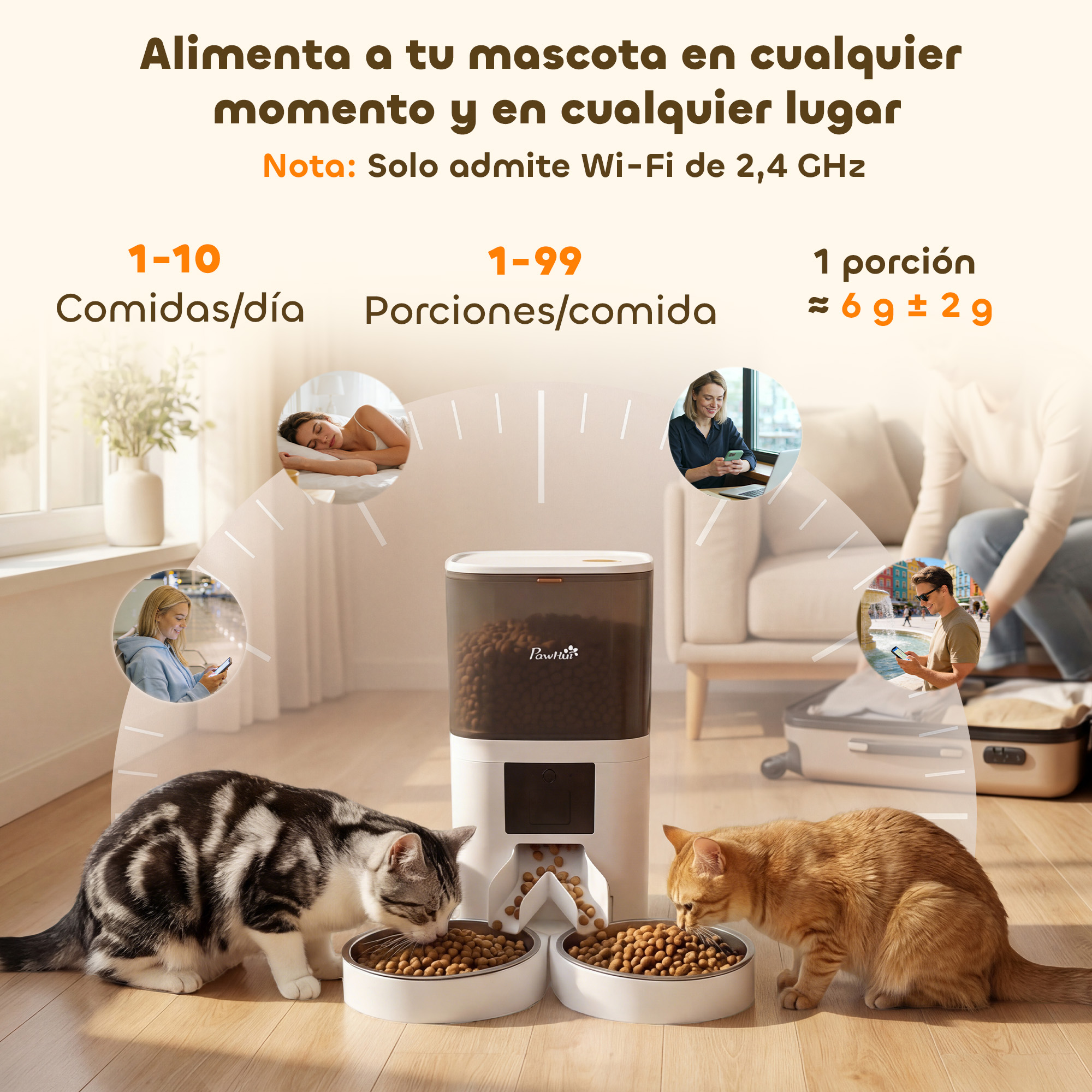 Un comedero automático para mascotas con dos gatos comiendo y tres viñetas de usuario.