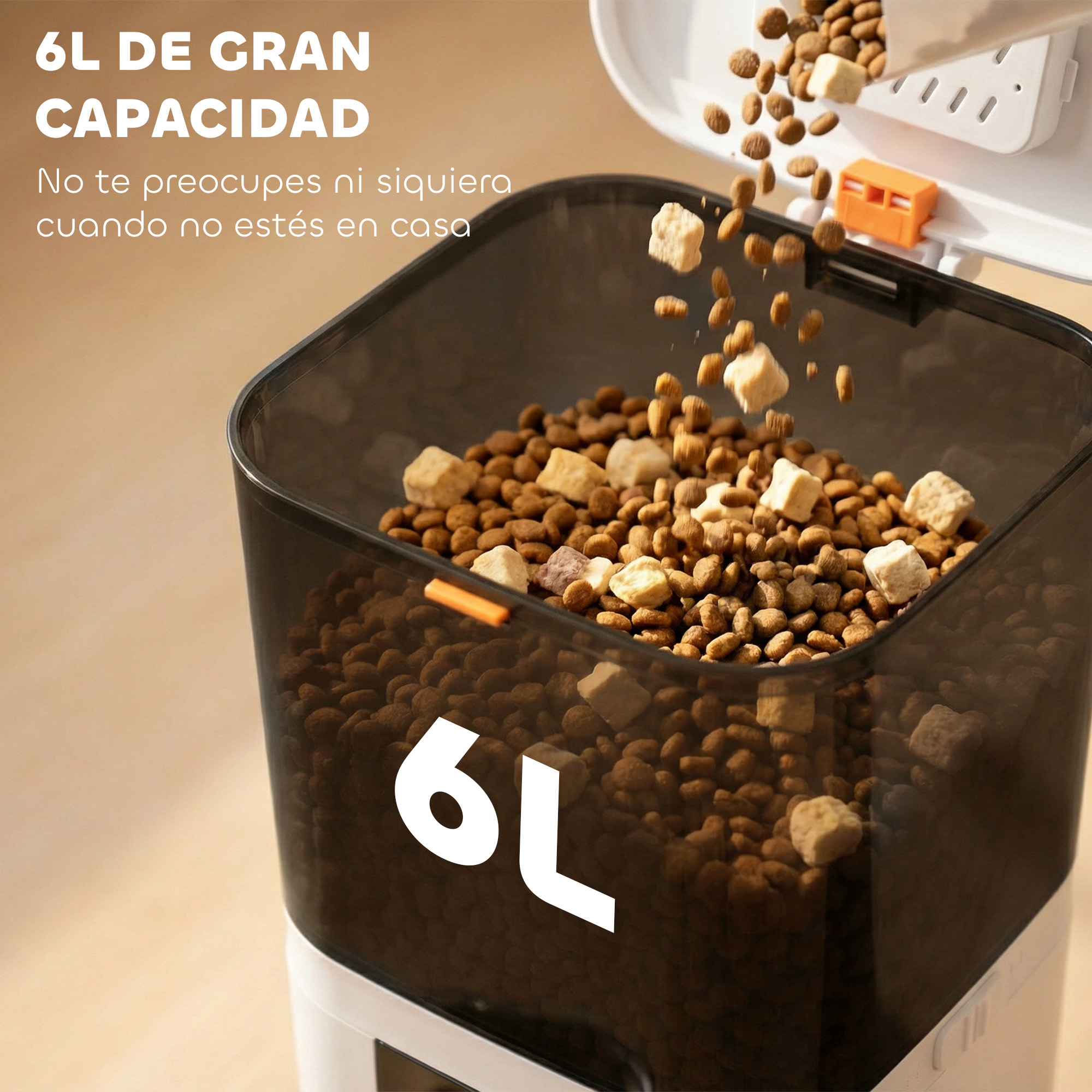 Un dispensador de comida para mascotas de 6L con comida cayendo.