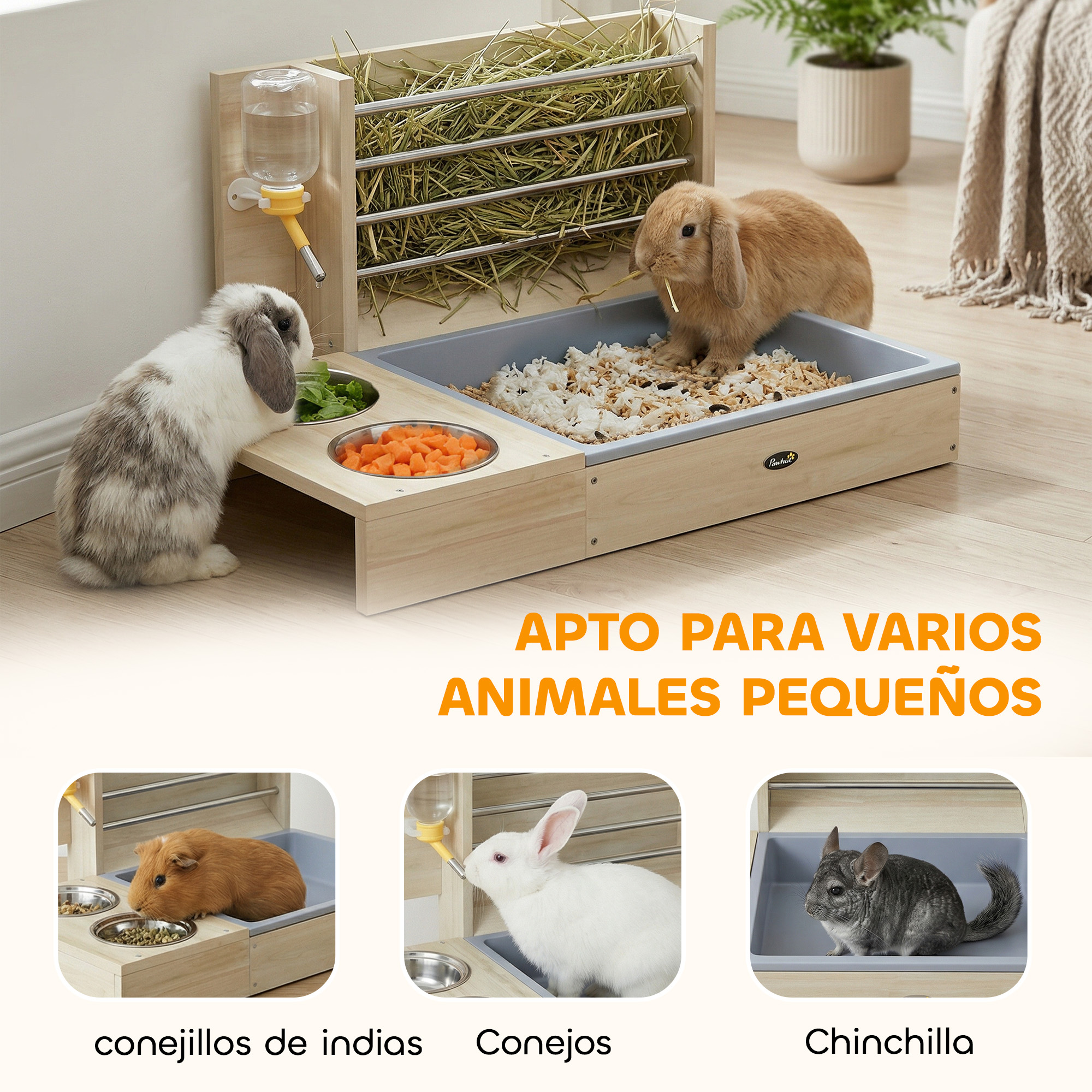 Dos conejos y un conejillo de indias en un comedero con heno y zanahorias.