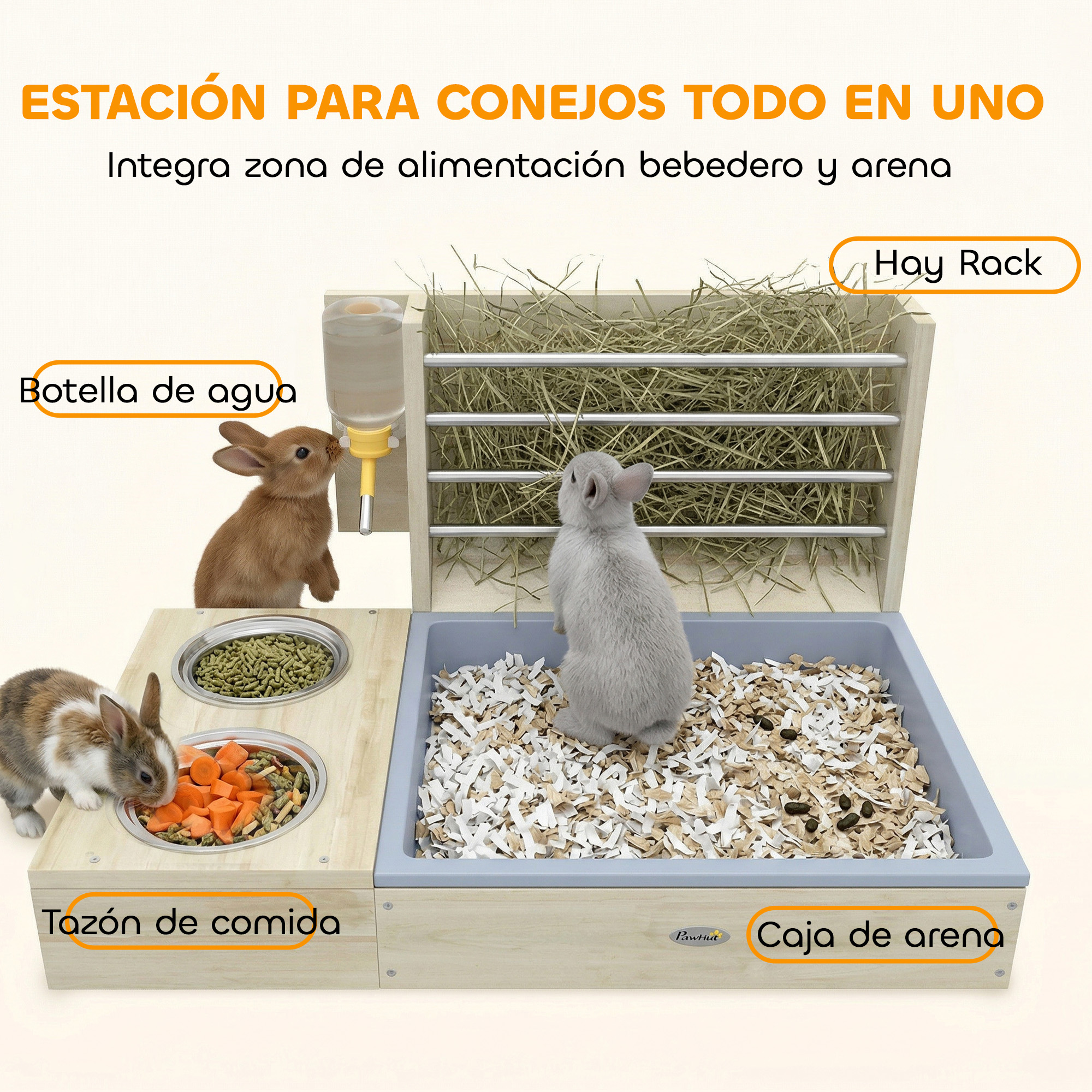 Estación todo en uno para conejos con comederos, bebedero y arenero.