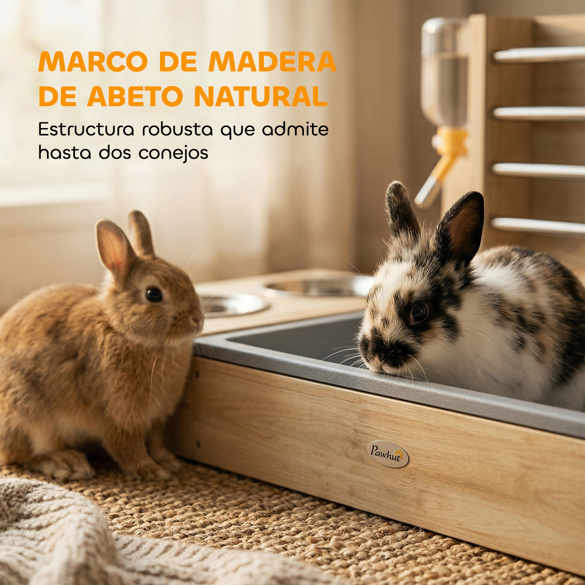 Dos conejos, uno marrón y otro tricolor, en un recinto de madera con dispensador de agua.