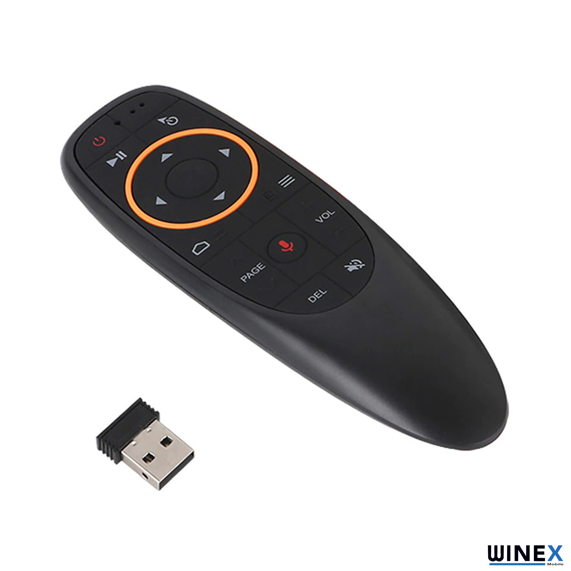 Beyaz arka plan üzerinde siyah uzaktan kumanda ve USB alıcı.
