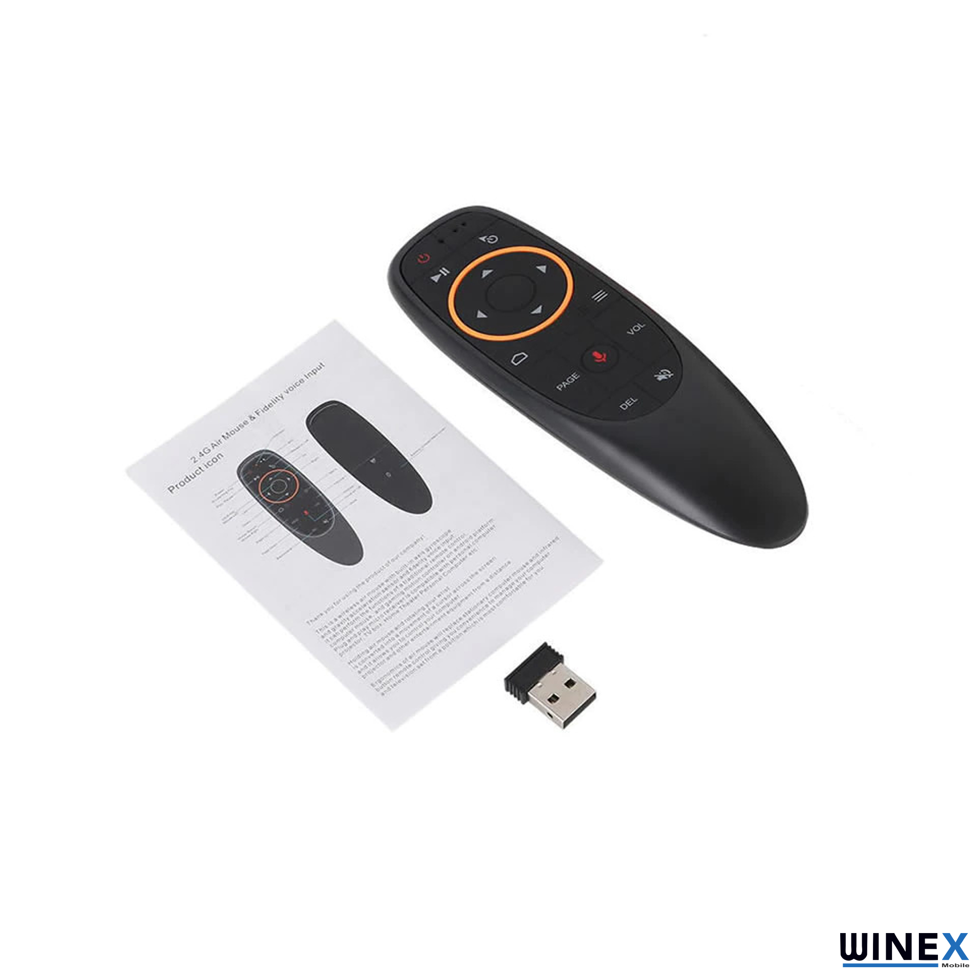 Siyah hava faresi uzaktan kumanda, kılavuz ve USB dongle ile beyaz zeminde.