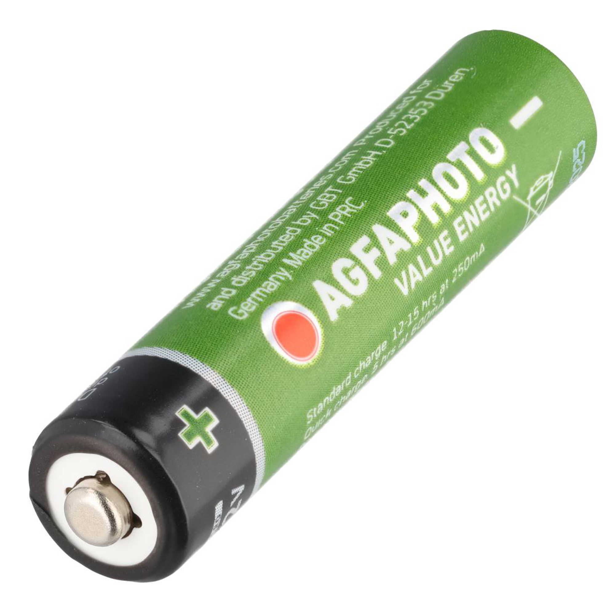 Green AGFAPHOTO AA battery with metal positive terminal and charging info.