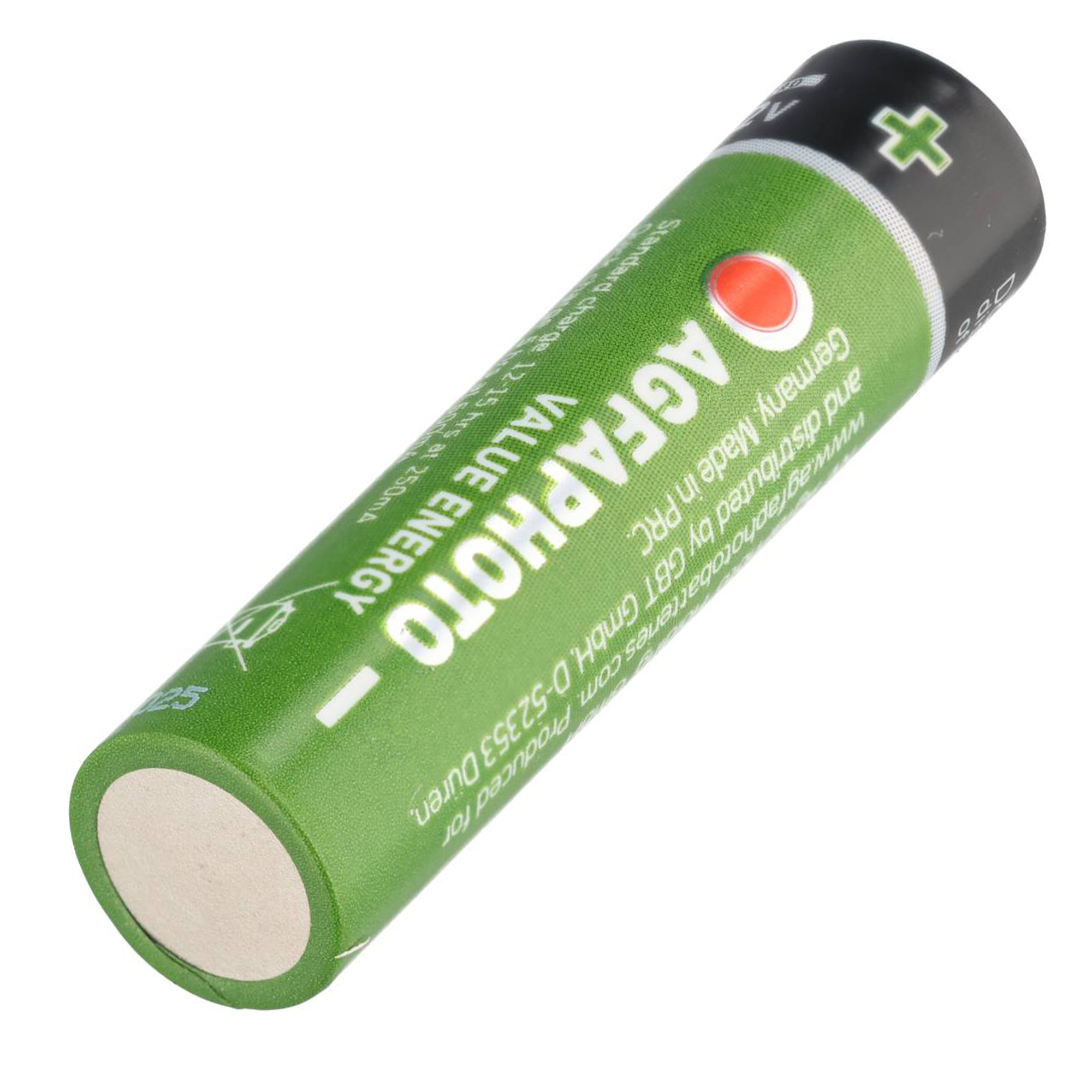 A green AGFAPHOTO battery with black and white markings.