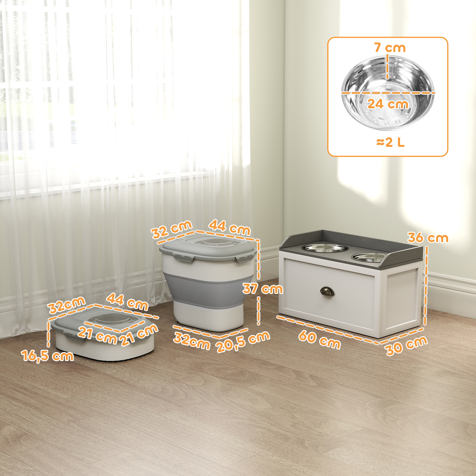 Un dispensador plegable de bolsas para excrementos, un soporte doble para cuencos y un cuenco para mascotas con dimensiones.