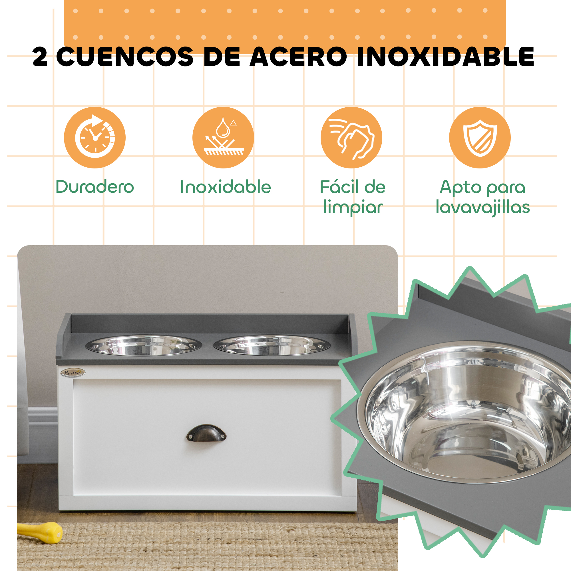 Un soporte blanco para cuencos de perro con dos cuencos de acero inox.