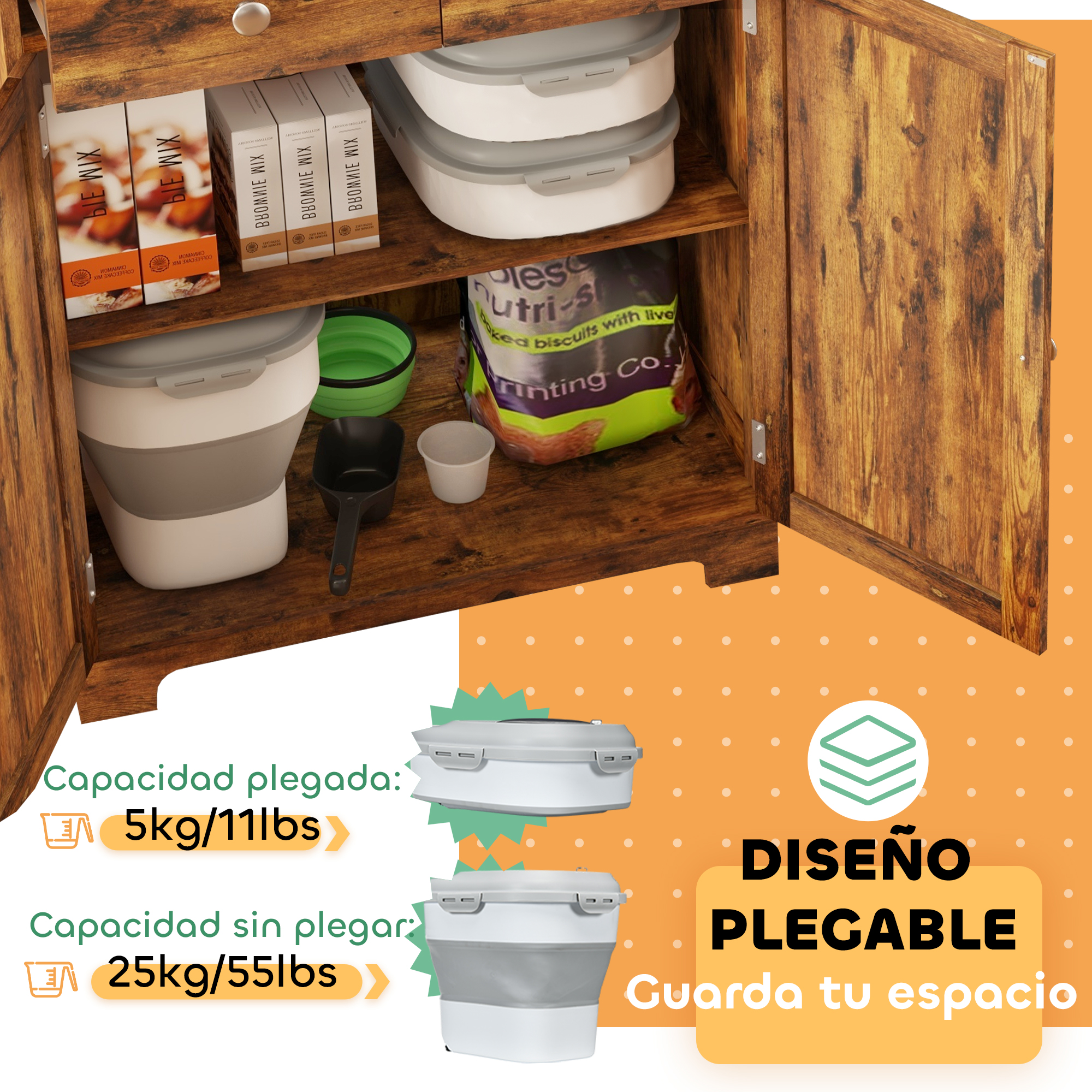 Armario de madera con estantes, que contiene cajas de galletas y contenedores.