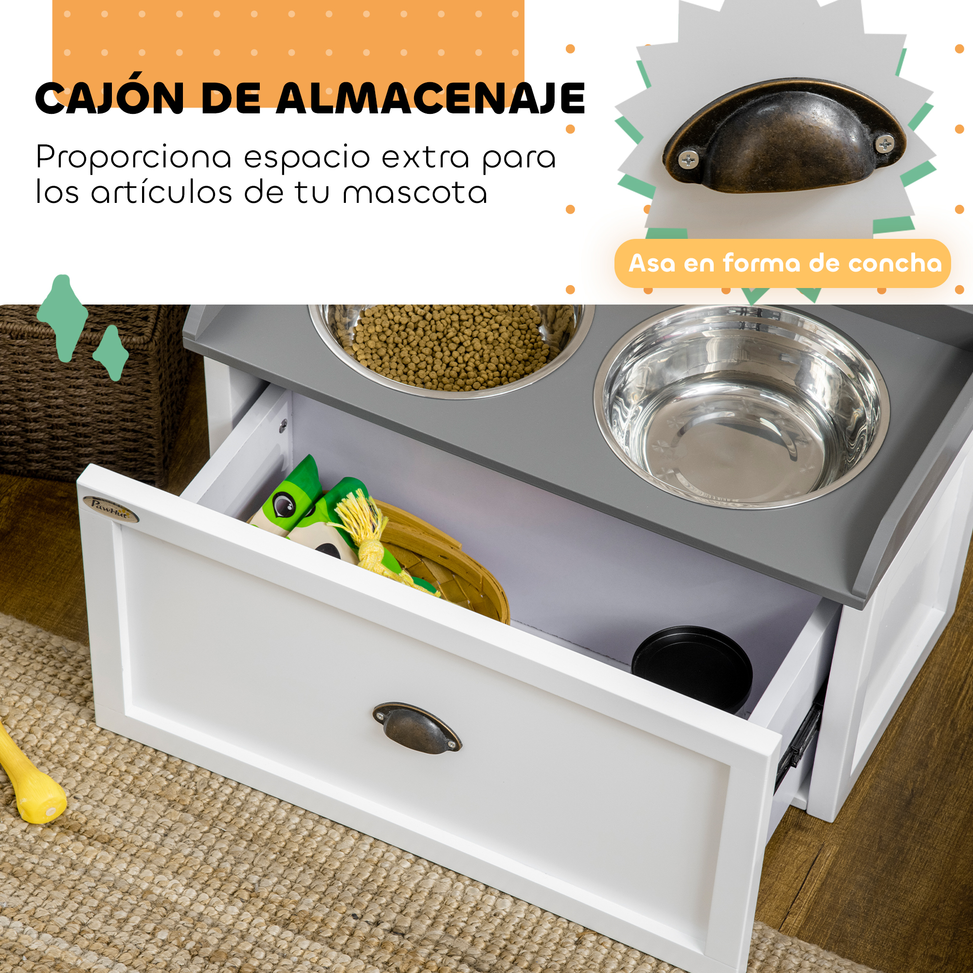 Un armario blanco de almacenamiento para mascotas con cajones abiertos, cuencos de comida y juguetes.