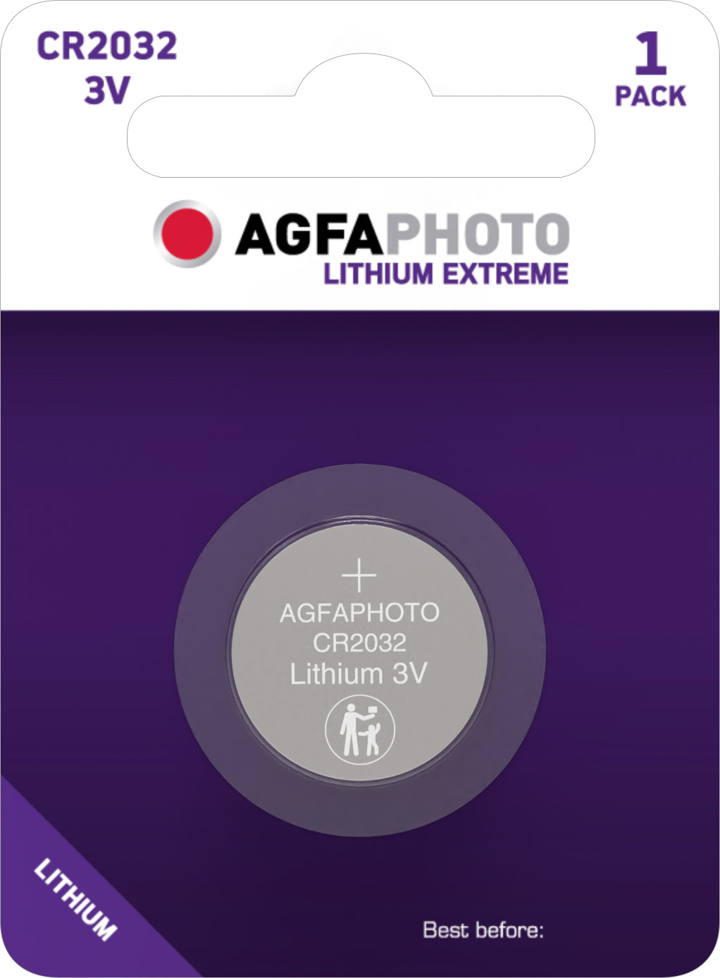AGFAphoto CR2032 3V Lithium-Batterie im 1er-Pack, lila Verpackung.