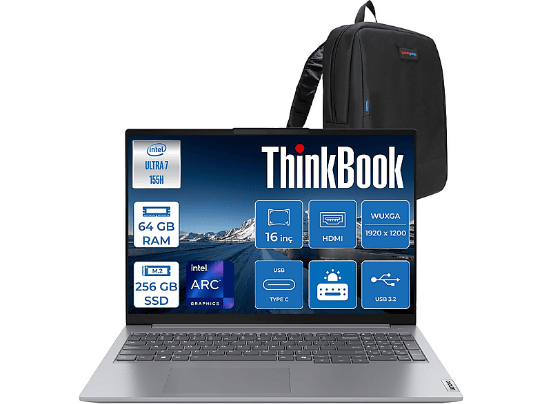 LENOVO ThinkBook 16 G7 IML WUXGA 300nits IPS 21MS008RTRF26 Intel® Core™ Ultra 7 155H 64 GB RAM 256 GB SSD 16 inç FreeDOS Laptop+Çanta Gri