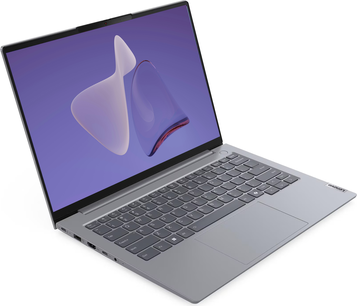 Mor arka plan görüntüsü gösteren açık gümüş renkli Lenovo dizüstü bilgisayar.