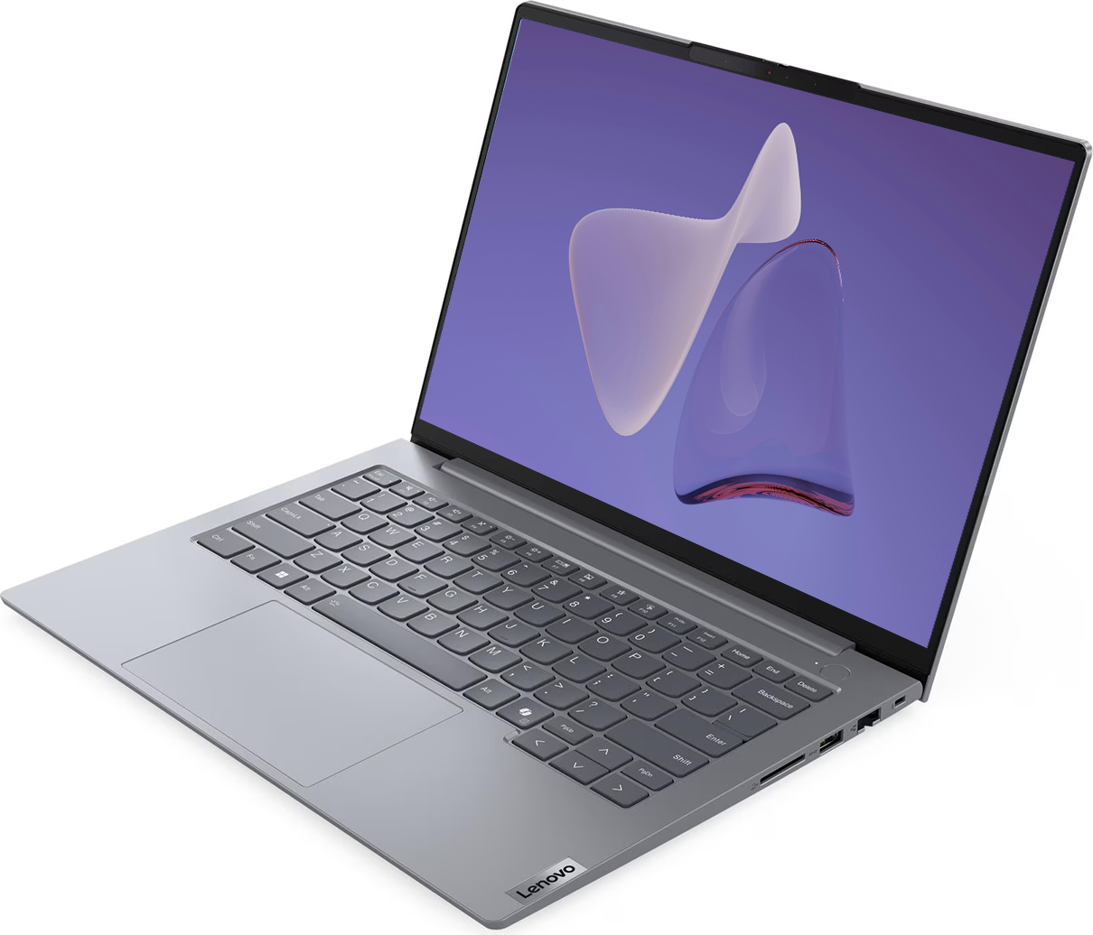 Gri Lenovo dizüstü bilgisayar açık, soyut mavi bir arka plan gösteriyor.