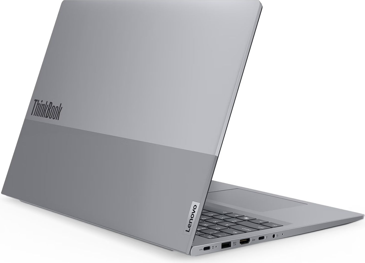 Gri Lenovo ThinkBook dizüstü bilgisayar, sol arka taraftan görünüm, klavye ve bağlantı noktaları.