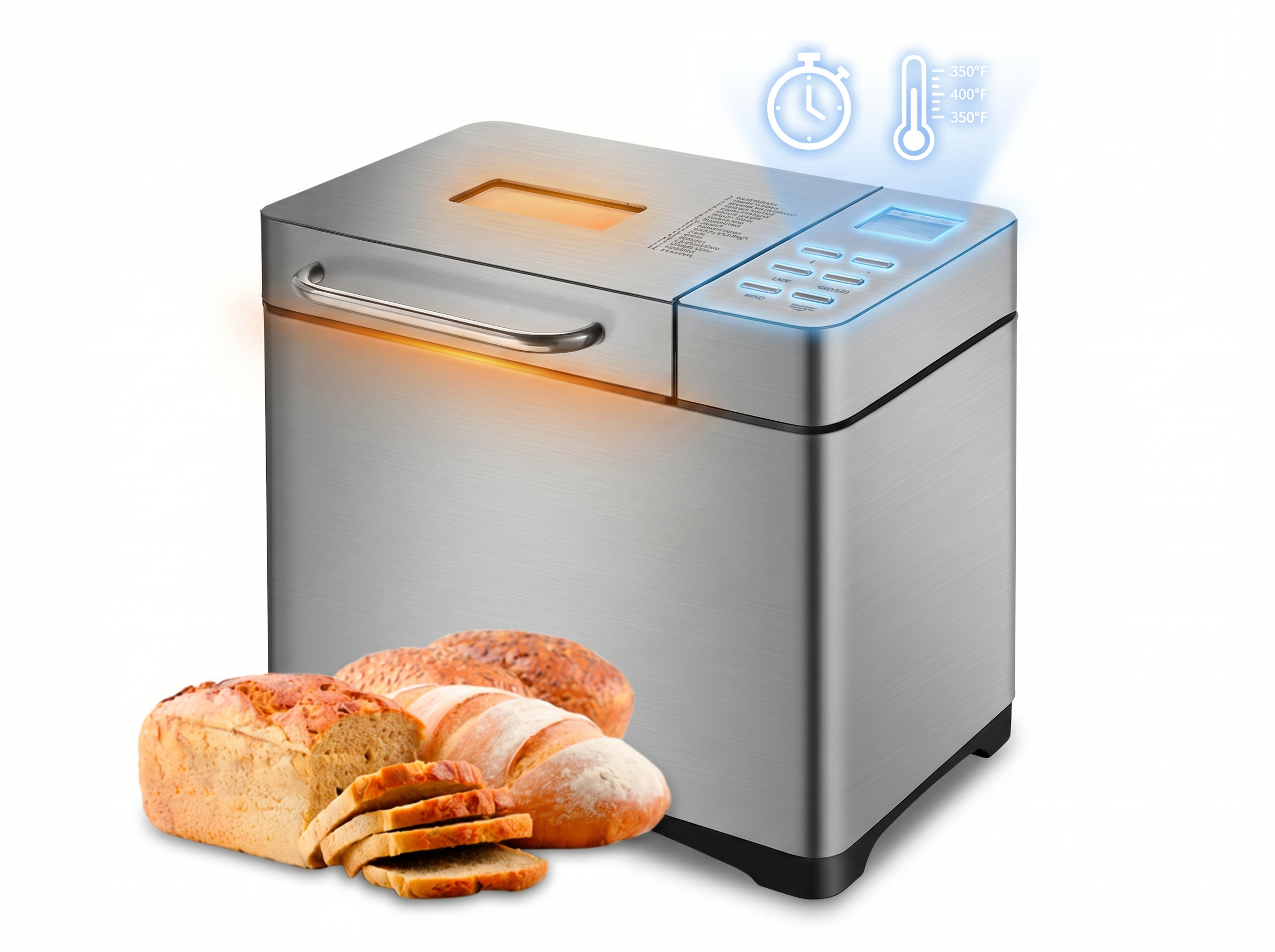 Silberne Brotbackmaschine mit frisch gebackenen Broten davor.